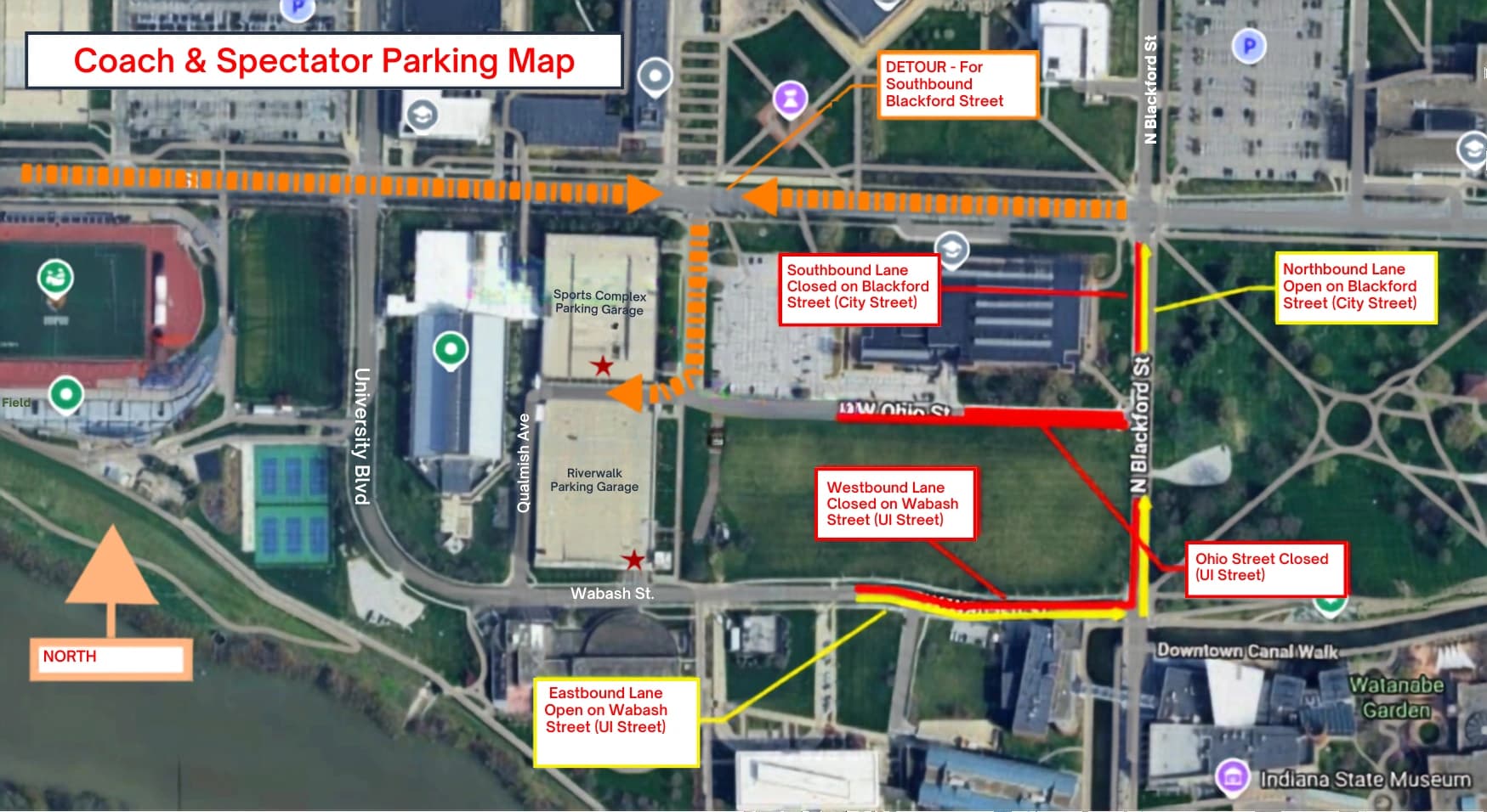 IU Natatorium: Venue layout, IU Natatorium · July 2026 coach/spectator garage and construction-detour reference. Use the original map for routes and visitor facilities.
