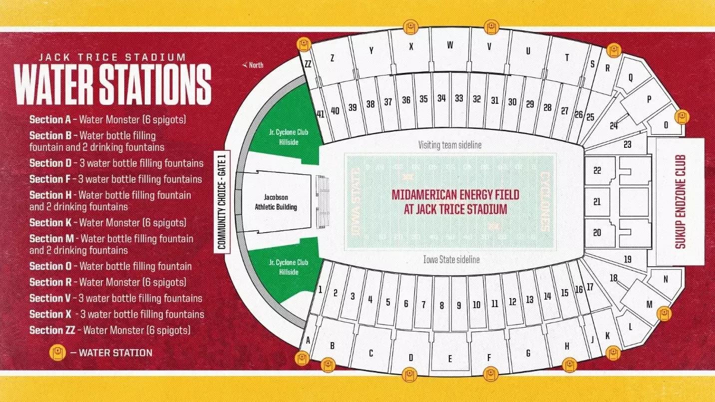 Jack Trice Stadium: Venue layout, Football seating sections and water station locations — published 2025. Use the original map for routes and visitor facilities.