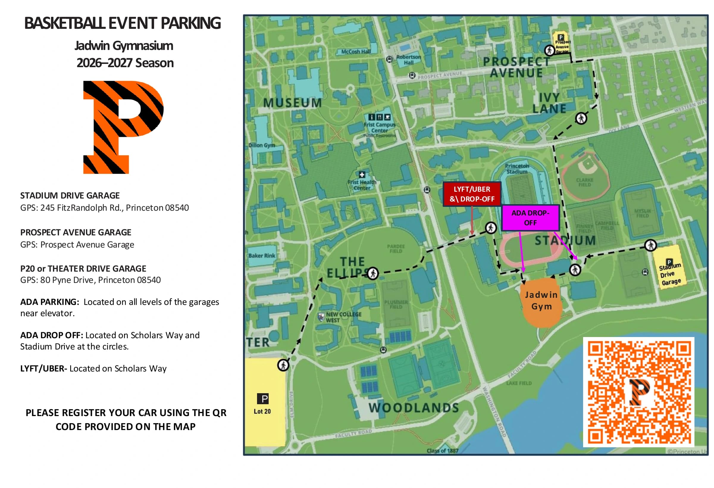 Jadwin Gymnasium: Venue layout, 2026–27 basketball arrival plan · garages, walks and drop-offs. Use the original map for routes and visitor facilities.