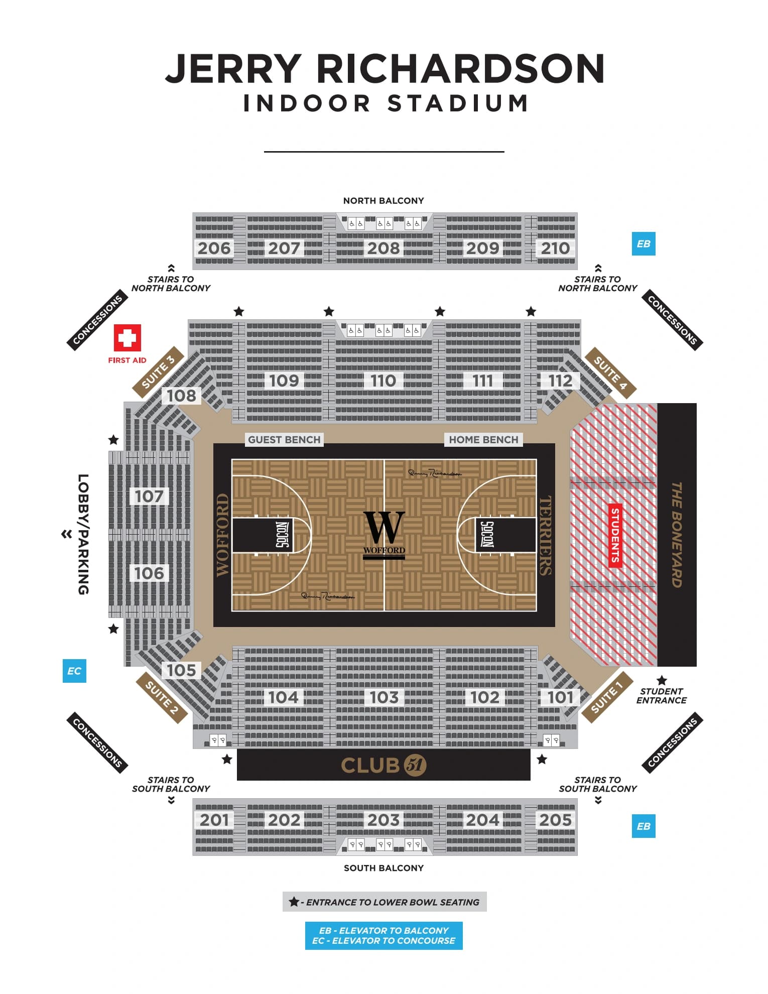 Jerry Richardson Indoor Stadium: Seating chart, 2017 reference · Richardson Indoor basketball bowl, balconies and access points. Use the source chart for section and row details.