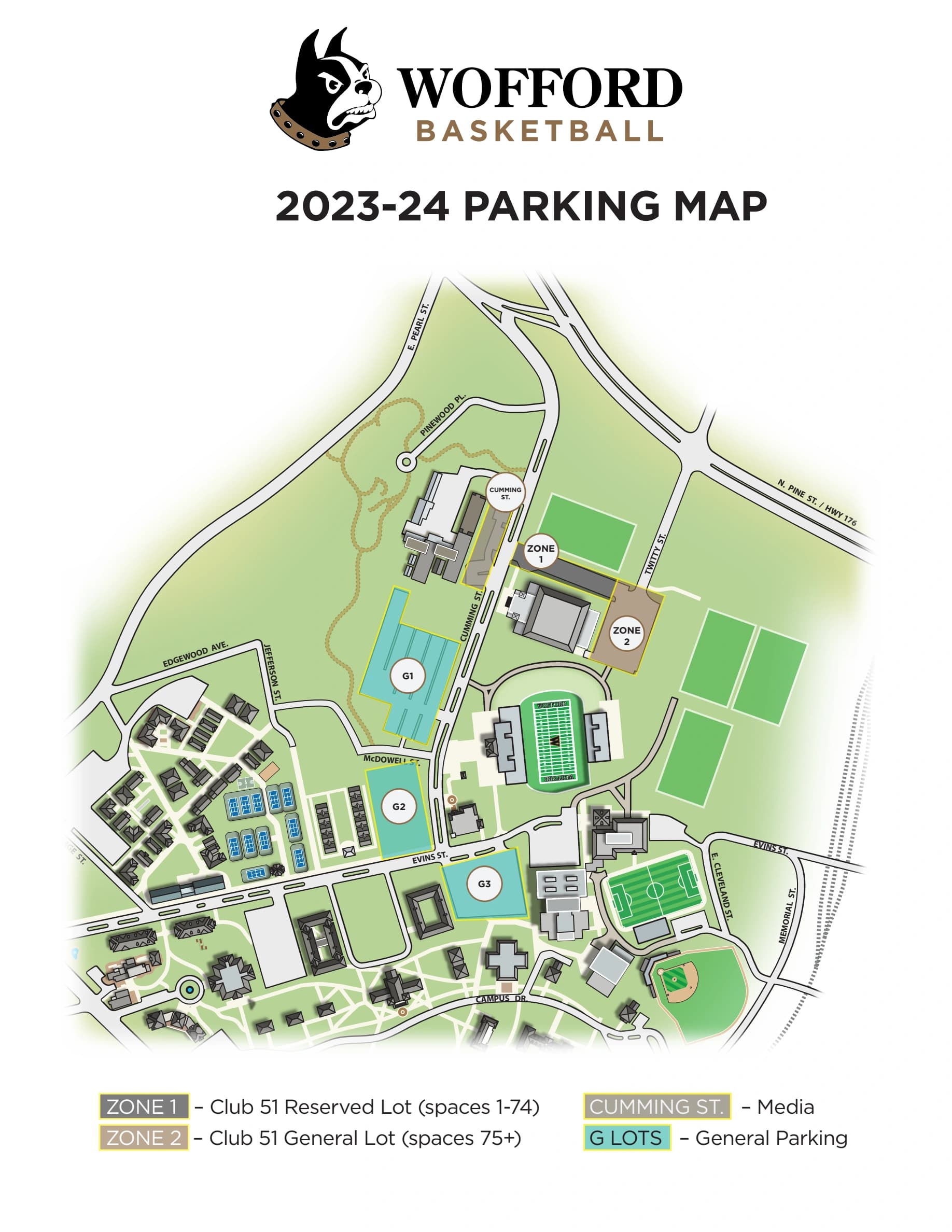 Jerry Richardson Indoor Stadium: Venue layout, 2023–24 reference · Wofford basketball parking and stadium approaches. Use the original map for routes and visitor facilities.