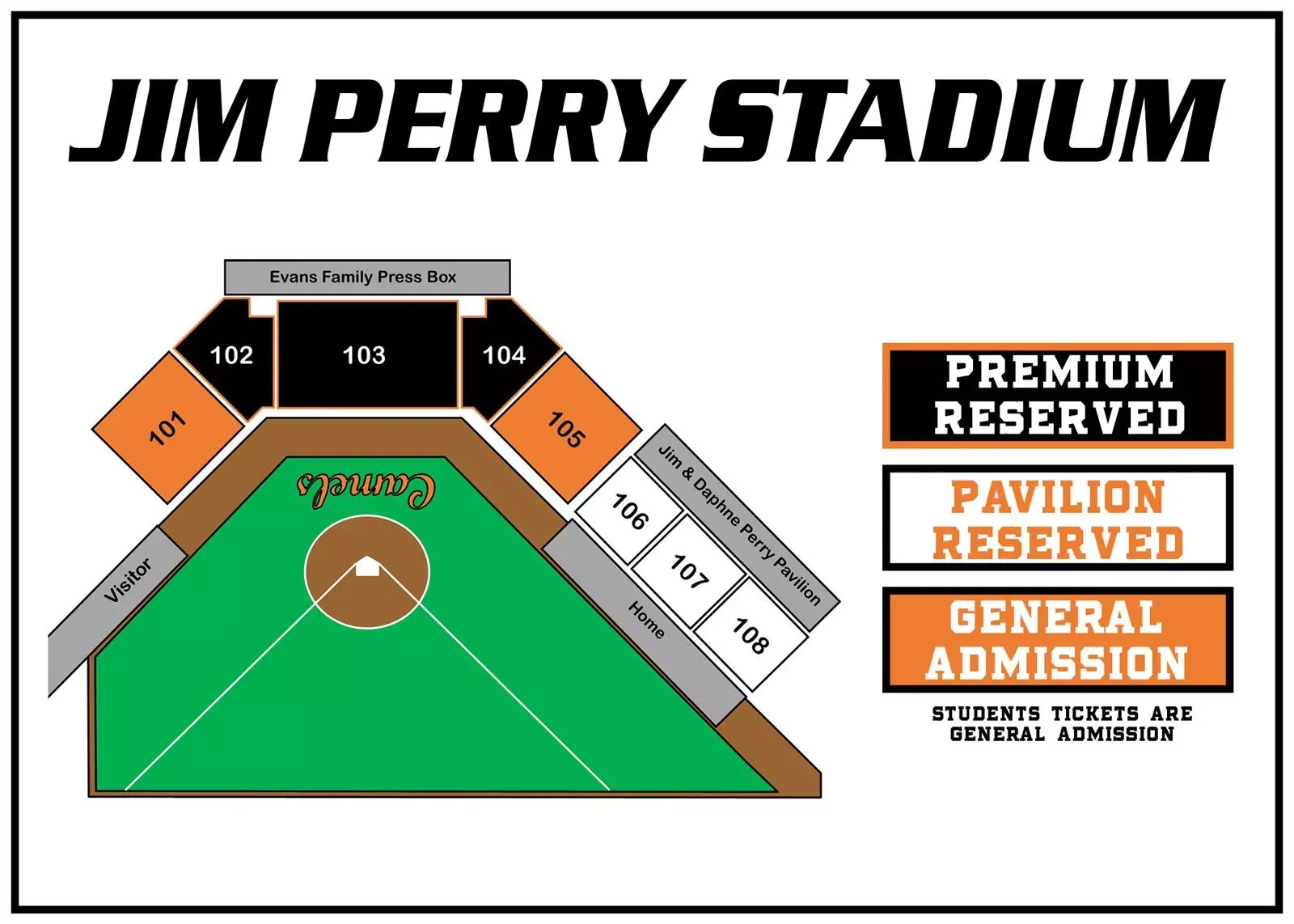Jim Perry Stadium: Seating chart, Jim Perry Stadium — current official-linked numbered seating chart. Use the source chart for section and row details.