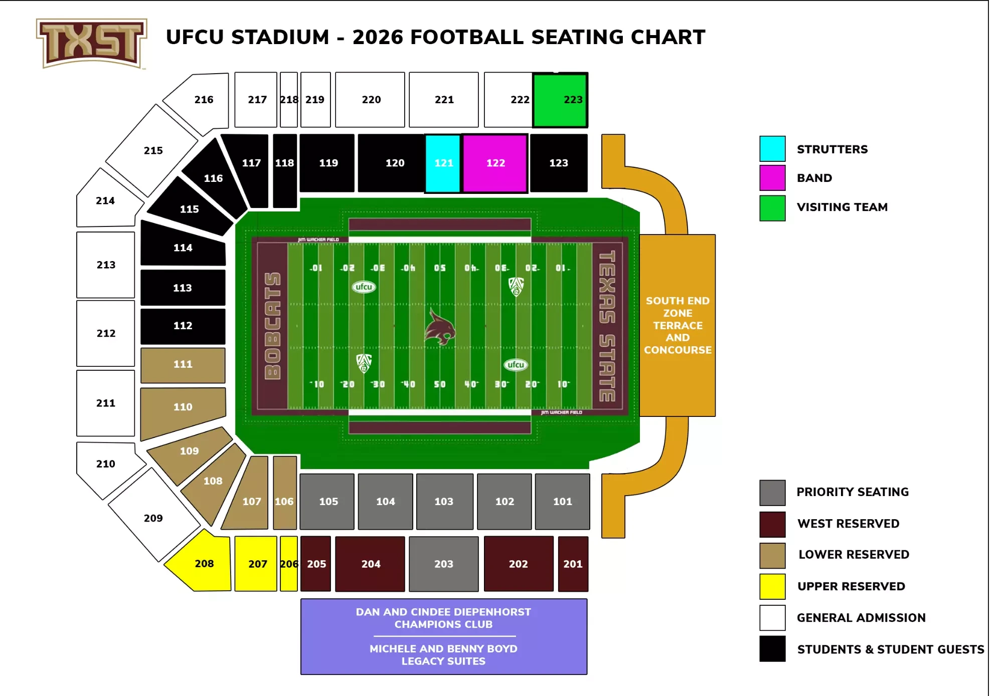 Jim Wacker Field at UFCU Stadium: Seating chart, Football · sections · 2026. Use the source chart for section and row details.