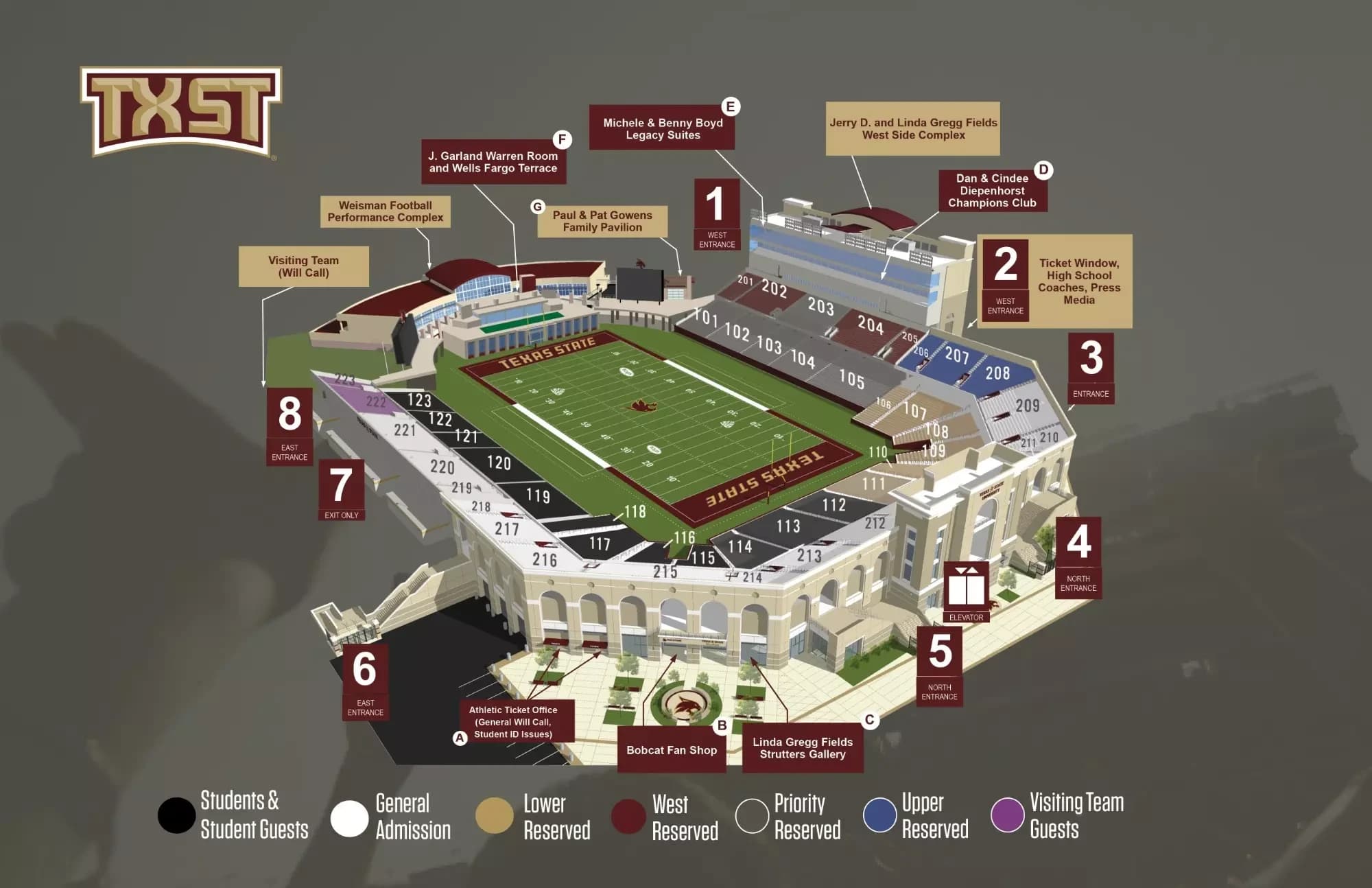 Jim Wacker Field at UFCU Stadium: Seating chart, Football · 2026. Use the source chart for section and row details.