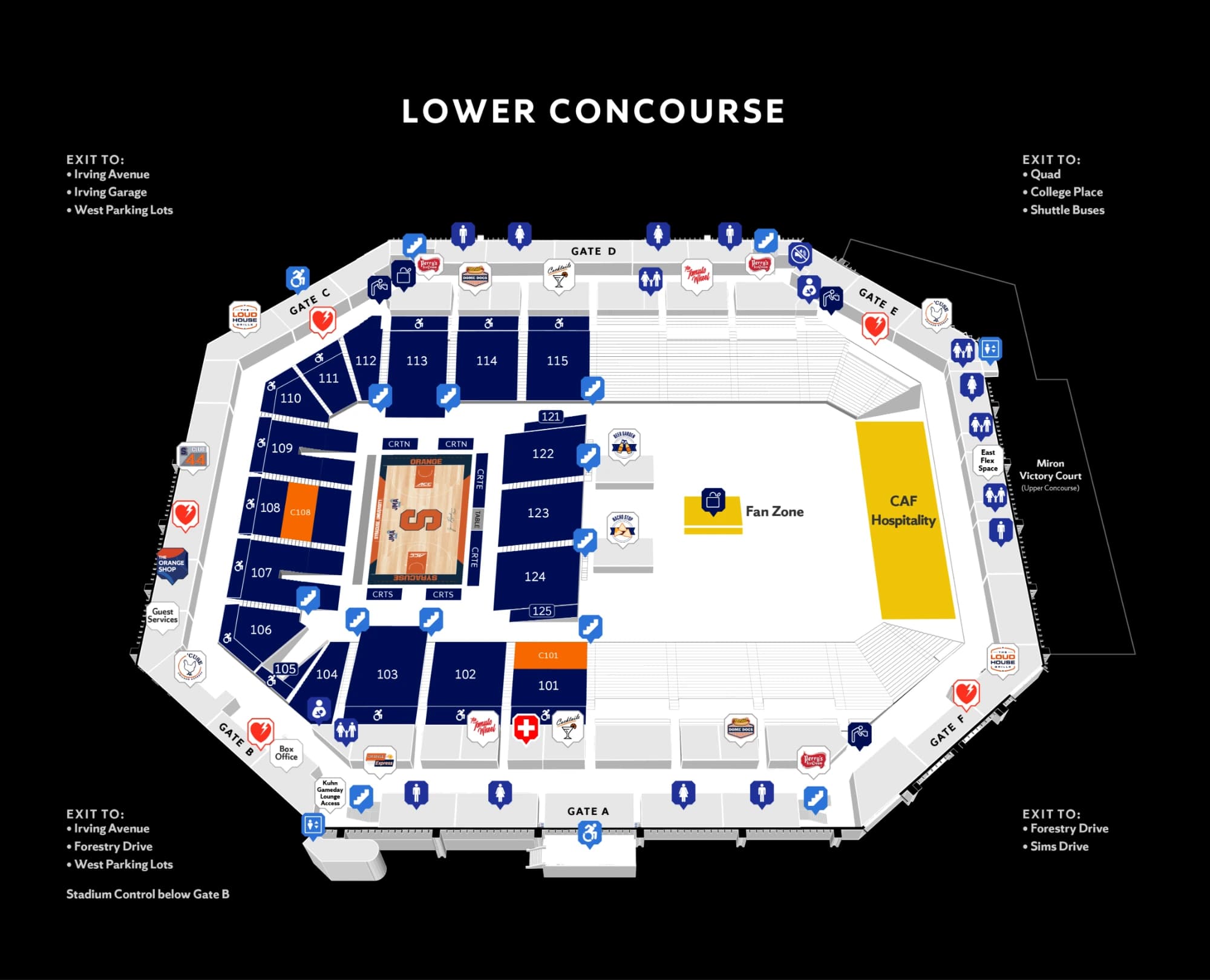 JMA Wireless Dome: Seating chart, JMA Wireless Dome — 2024 lower basketball sections. Use the source chart for section and row details.
