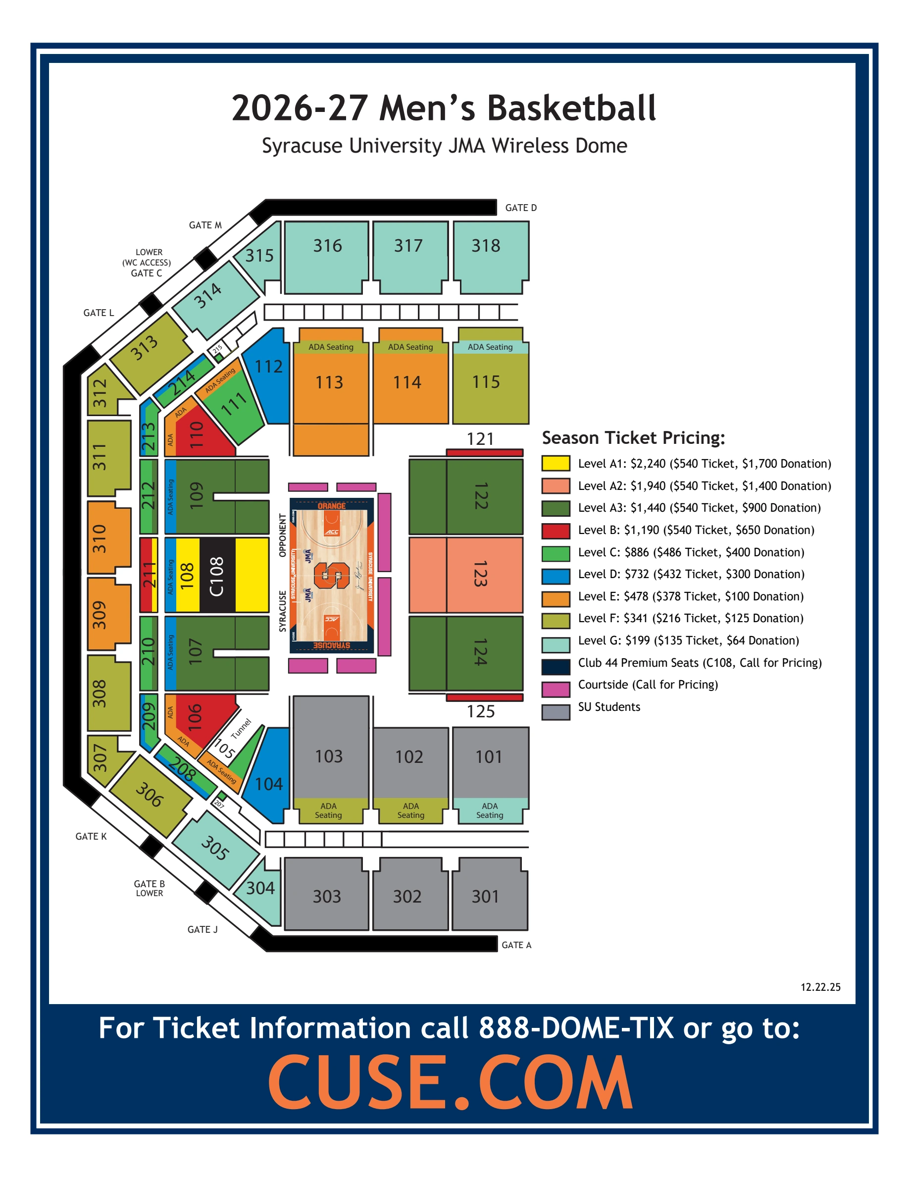 JMA Wireless Dome: Seating chart, JMA Wireless Dome — 2026–27 men’s basketball season chart. Use the source chart for section and row details.