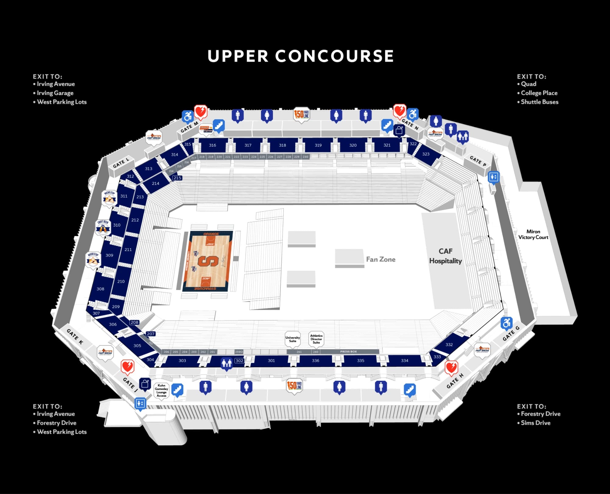 JMA Wireless Dome: Seating chart, JMA Wireless Dome — 2024 upper basketball sections. Use the source chart for section and row details.