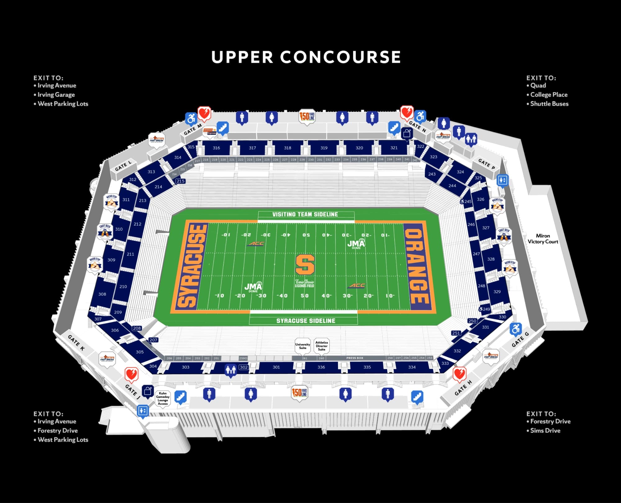 JMA Wireless Dome: Seating chart, JMA Wireless Dome — 2024 upper football sections. Use the source chart for section and row details.