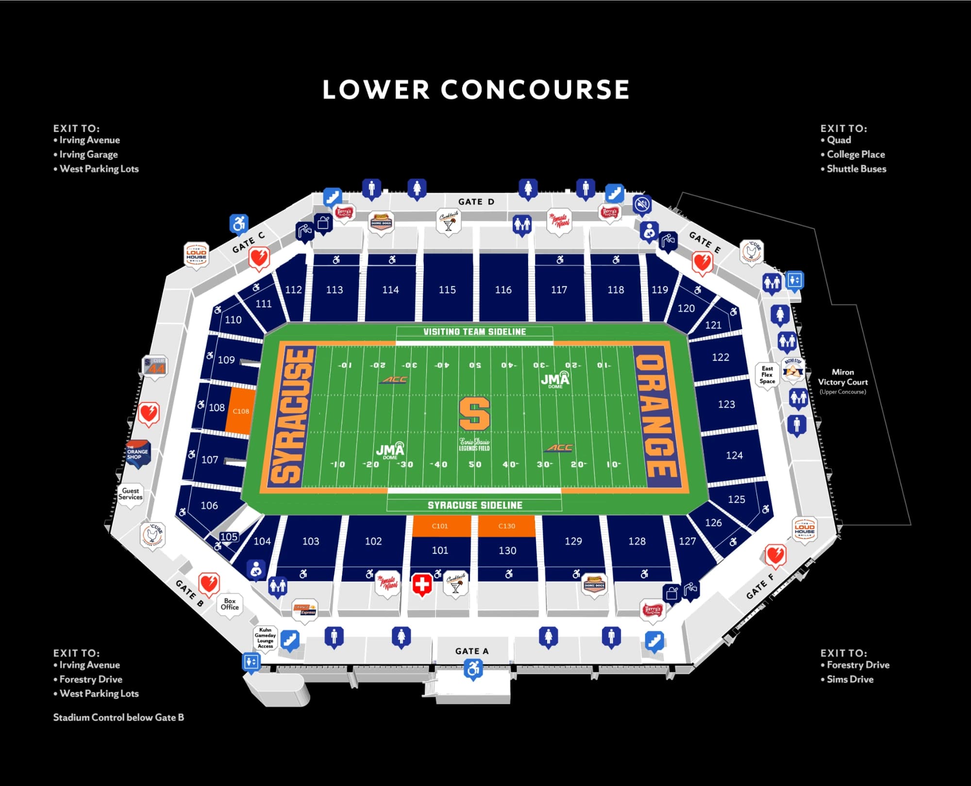 JMA Wireless Dome: Seating chart, JMA Wireless Dome — 2024 lower football sections. Use the source chart for section and row details.