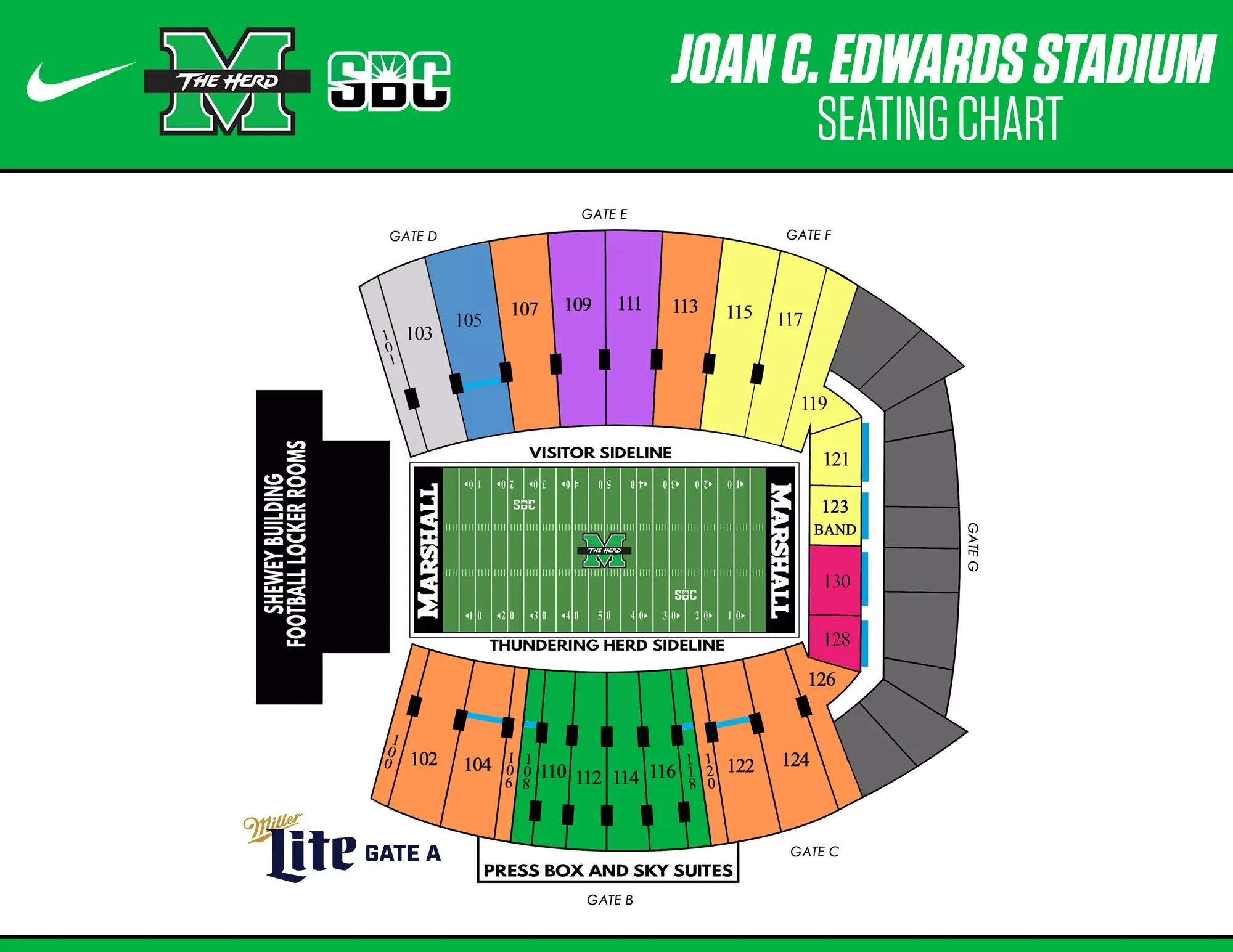 Joan C. Edwards Stadium: Seating chart, Football. Use the source chart for section and row details.