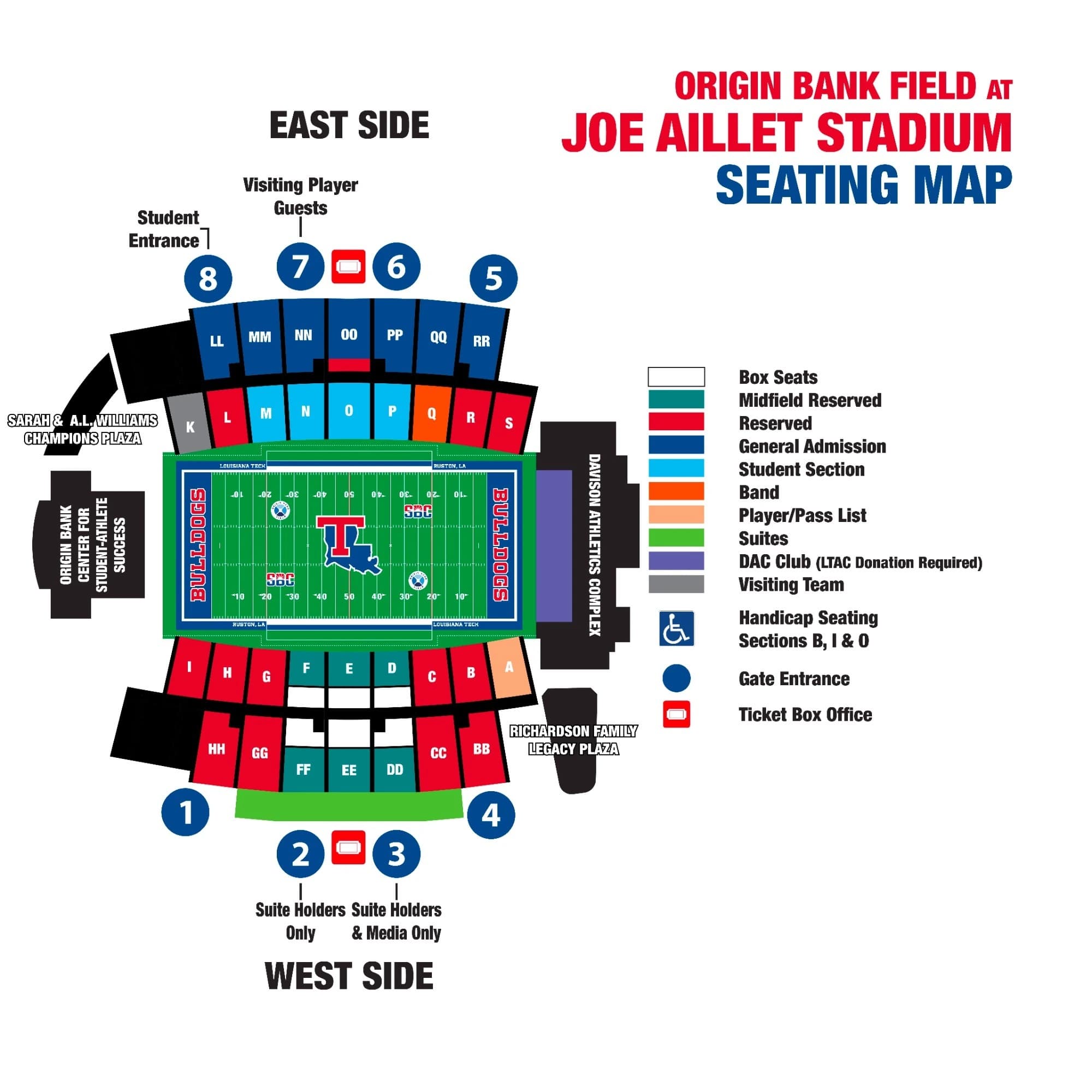 Joe Aillet Stadium: Seating chart, Football. Use the source chart for section and row details.