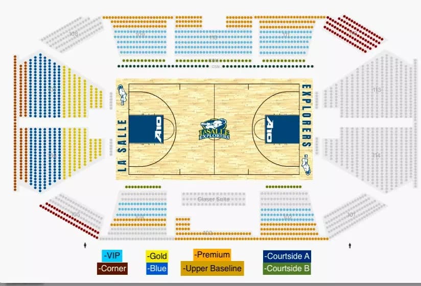 John Glaser Arena: Seating chart, John Glaser Arena — 2024–25 basketball configuration. Use the source chart for section and row details.