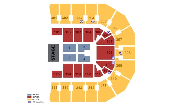 John Paul Jones Arena: Seating chart, John Paul Jones Arena — end stage with reserved floor. Use the source chart for section and row details.