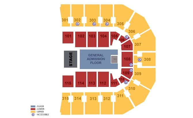John Paul Jones Arena: Seating chart, John Paul Jones Arena — end stage with general-admission floor. Use the source chart for section and row details.
