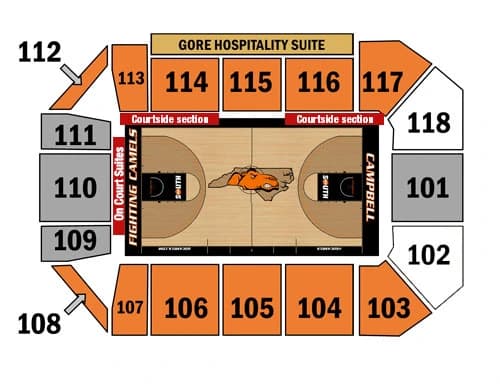 John W. Pope, Jr. Convocation Center: Seating chart, Gore Arena — 2026–27 men’s basketball. Use the source chart for section and row details.