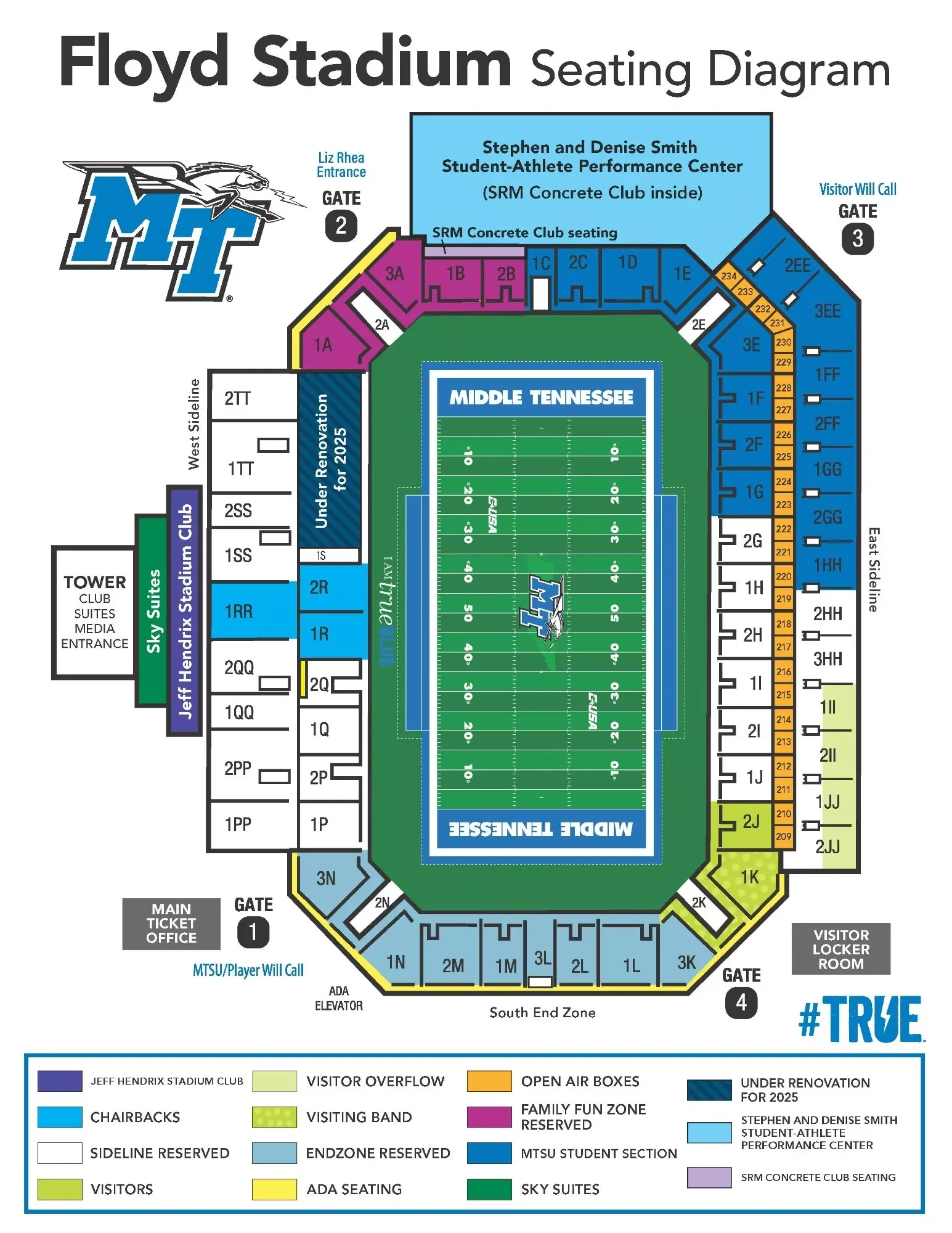 Johnny "Red" Floyd Stadium: Seating chart, Football seating · 2025 chart. Use the source chart for section and row details.