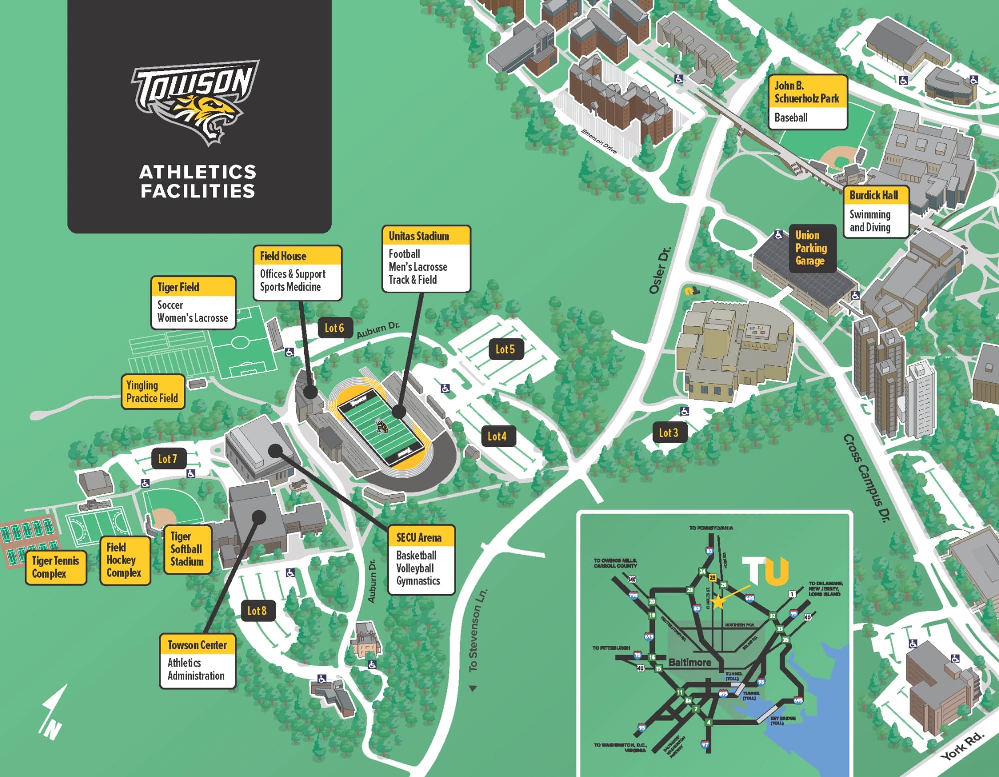 Johnny Unitas Stadium: Venue layout, Athletics parking · current football ticket page. Use the original map for routes and visitor facilities.