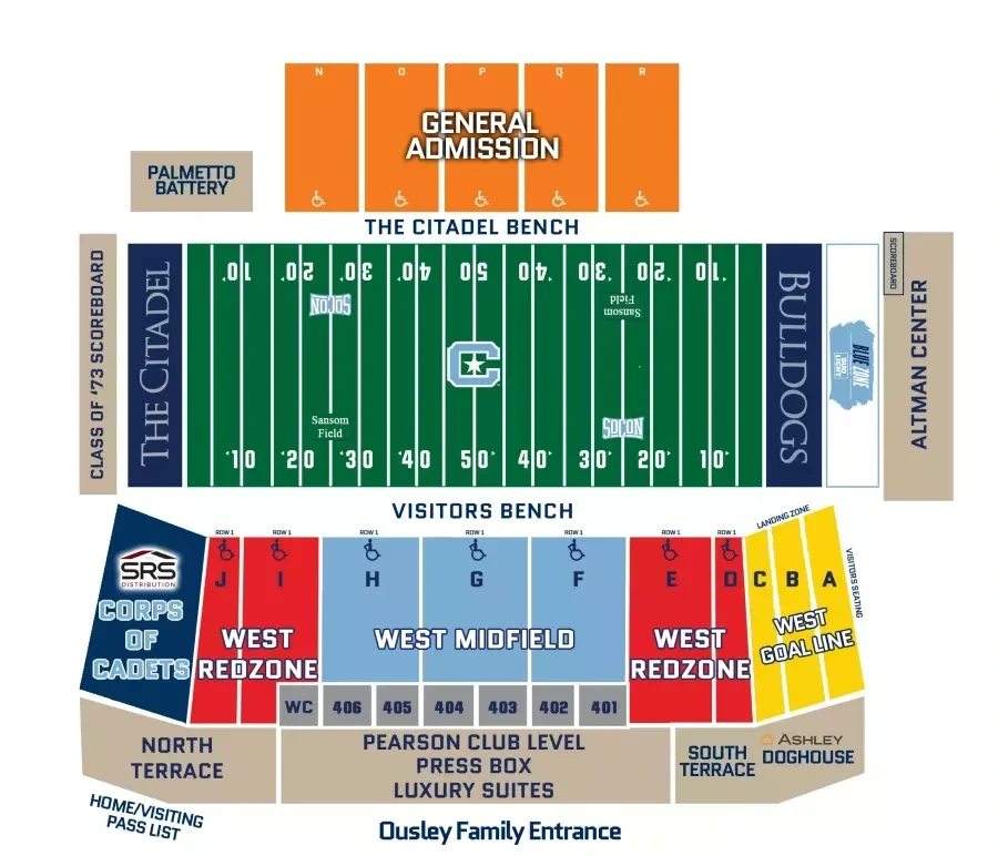 Johnson Hagood Stadium: Seating chart, Football · 2026. Use the source chart for section and row details.