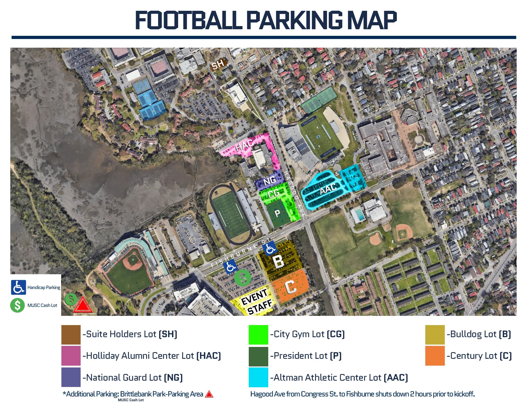 Johnson Hagood Stadium: Venue layout, Football parking · 2026 game-day map. Use the original map for routes and visitor facilities.