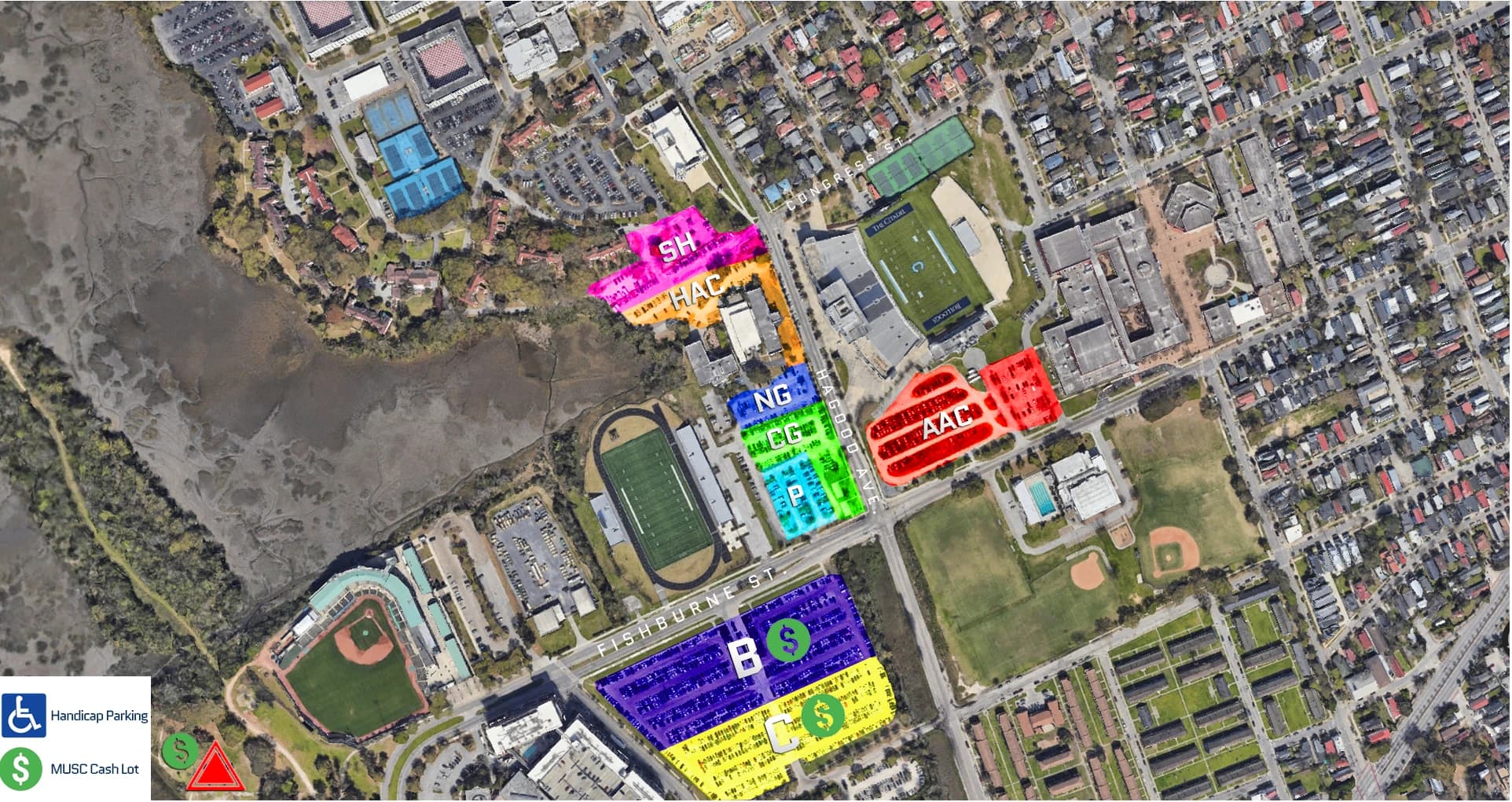 Joseph P. Riley Jr. Park: Venue layout, Riley Park — official Citadel baseball parking plan. Use the original map for routes and visitor facilities.