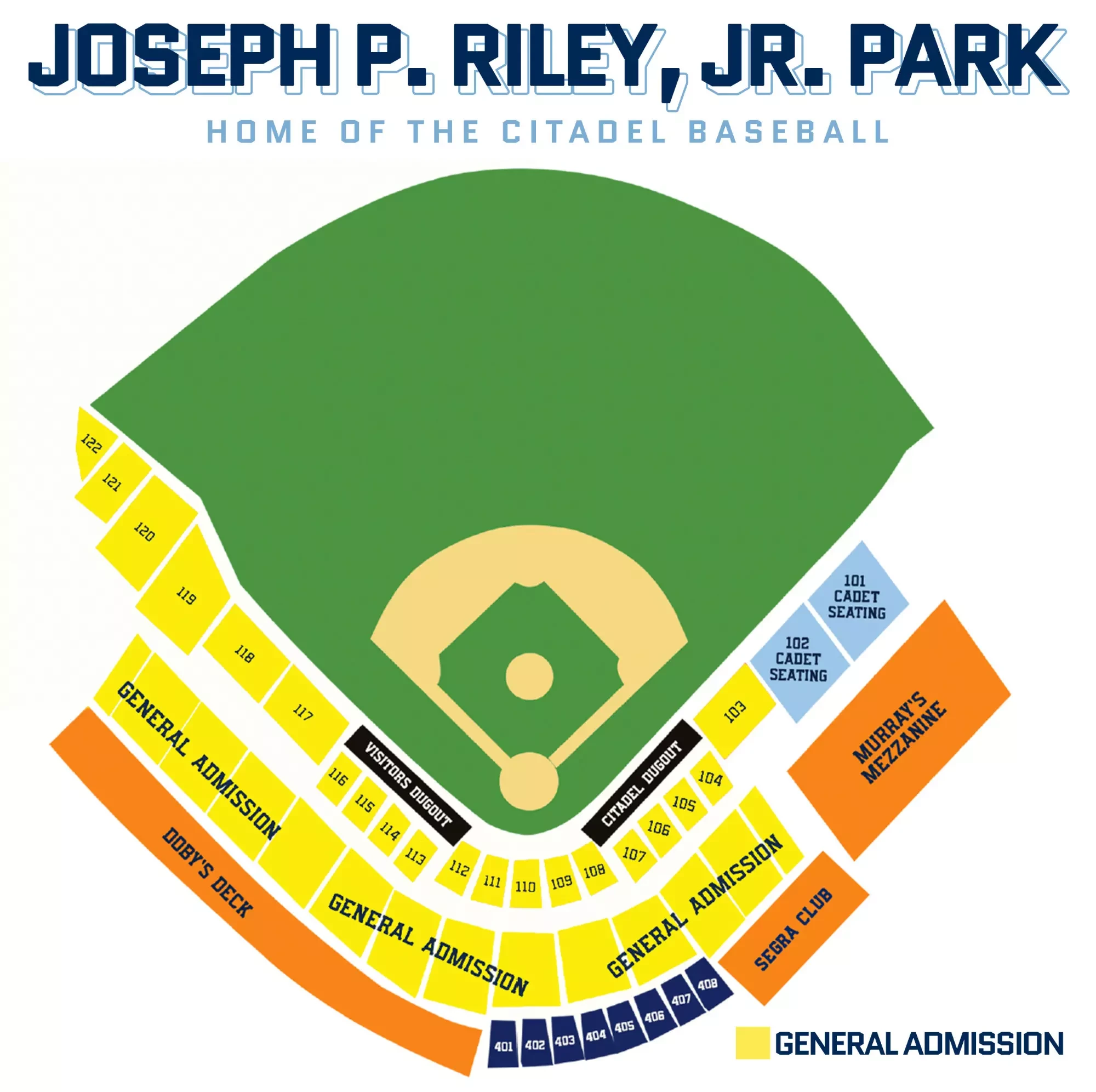 Joseph P. Riley Jr. Park: Seating chart, Riley Park — official Citadel baseball seating diagram. Use the source chart for section and row details.