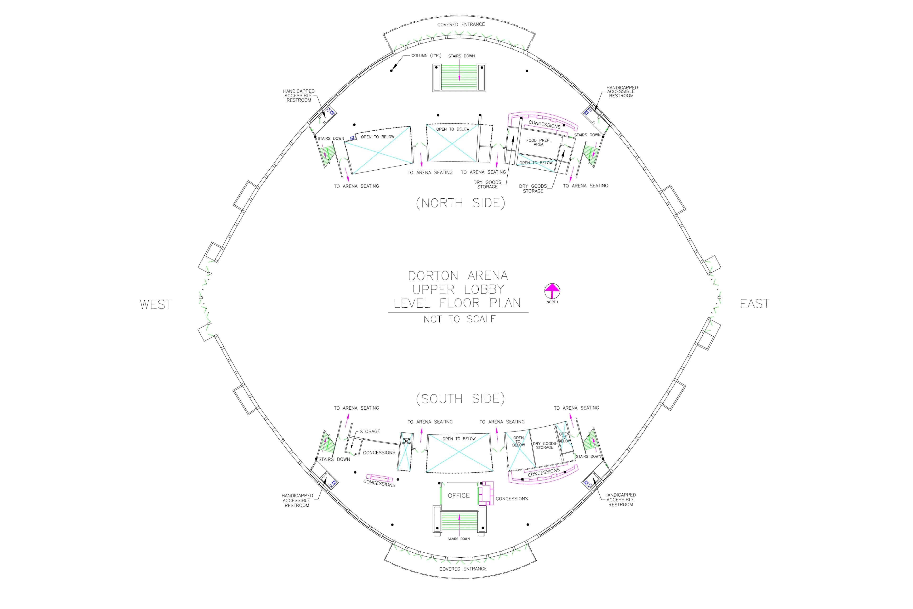 J.S. Dorton Arena: Venue layout, Upper lobby and arena approaches · owner-linked 2007 drawing. Use the original map for routes and visitor facilities.