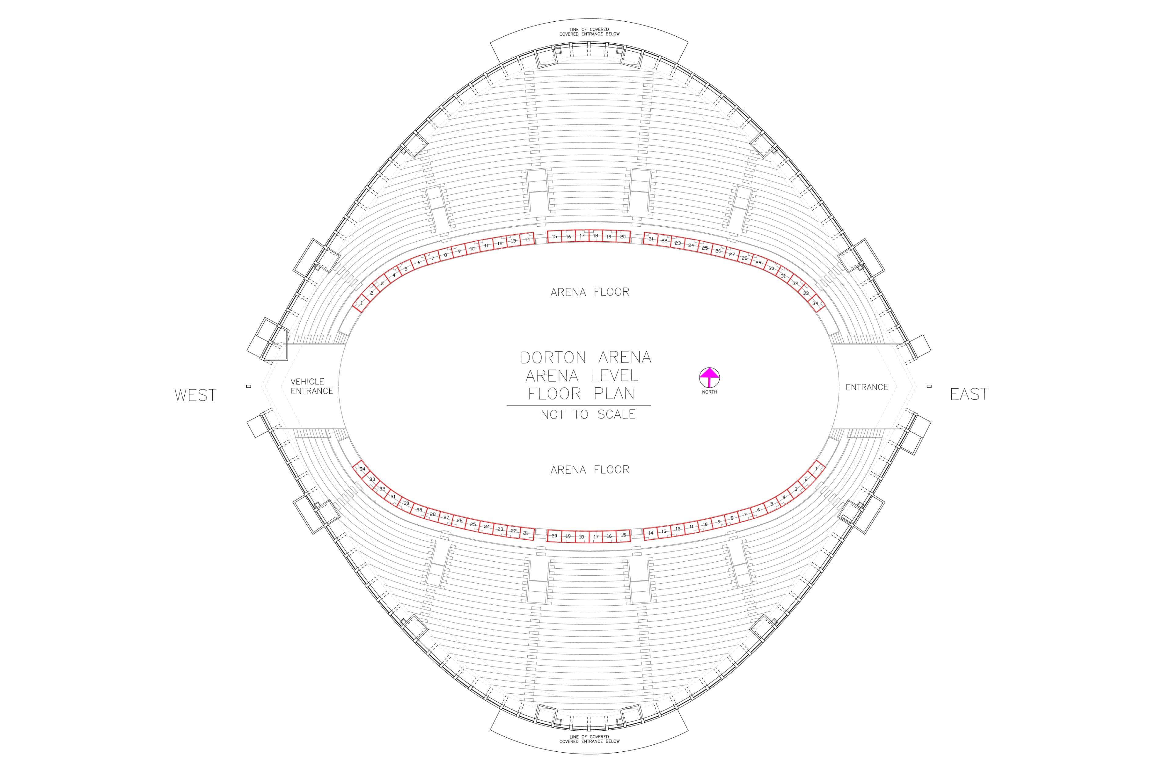 J.S. Dorton Arena: Venue layout, Arena floor and permanent stands · owner-linked 2007 drawing. Use the original map for routes and visitor facilities.