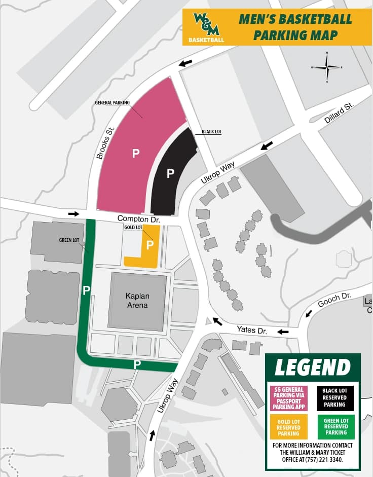 Kaplan Arena: Venue layout, Basketball parking; 2025 source. Use the original map for routes and visitor facilities.