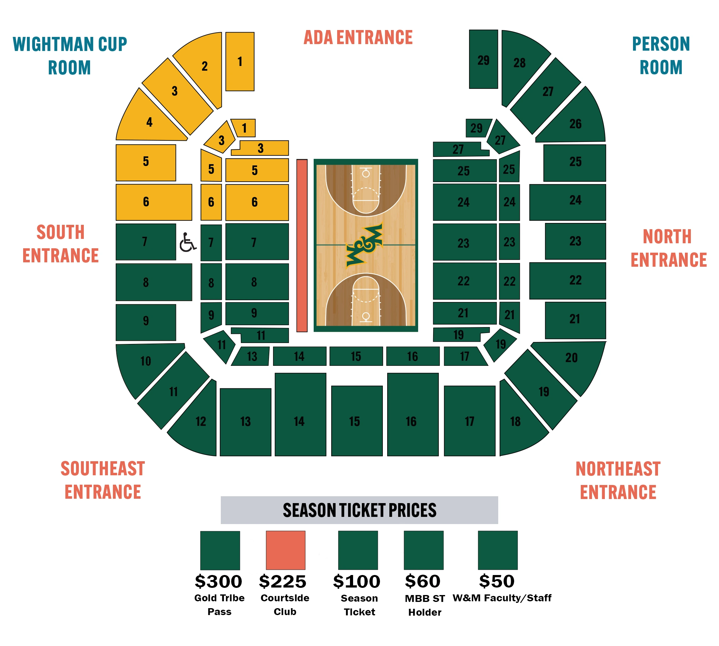Kaplan Arena: Seating chart, Women’s basketball seating; 2025 source. Use the source chart for section and row details.