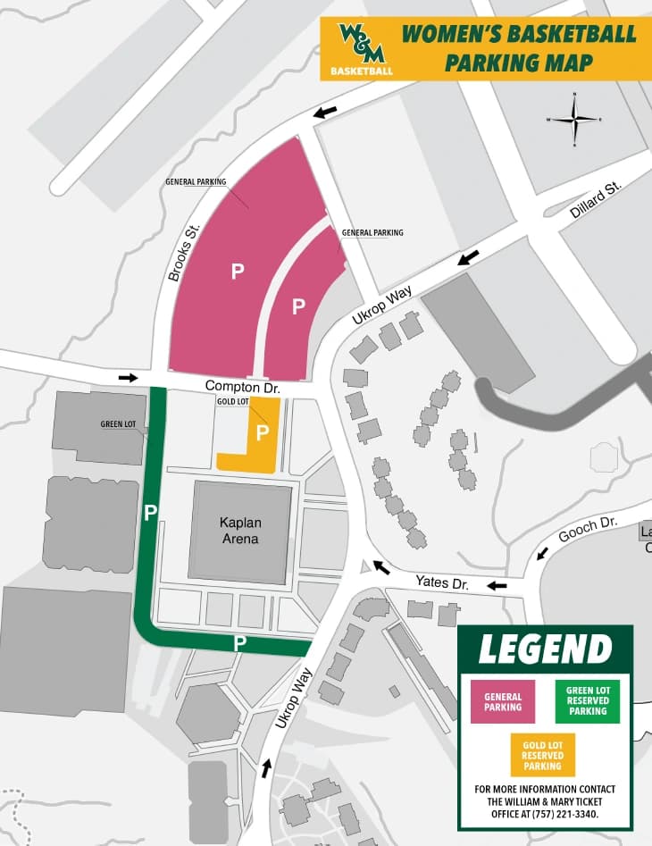 Kaplan Arena: Venue layout, Women’s basketball parking; 2025 source. Use the original map for routes and visitor facilities.