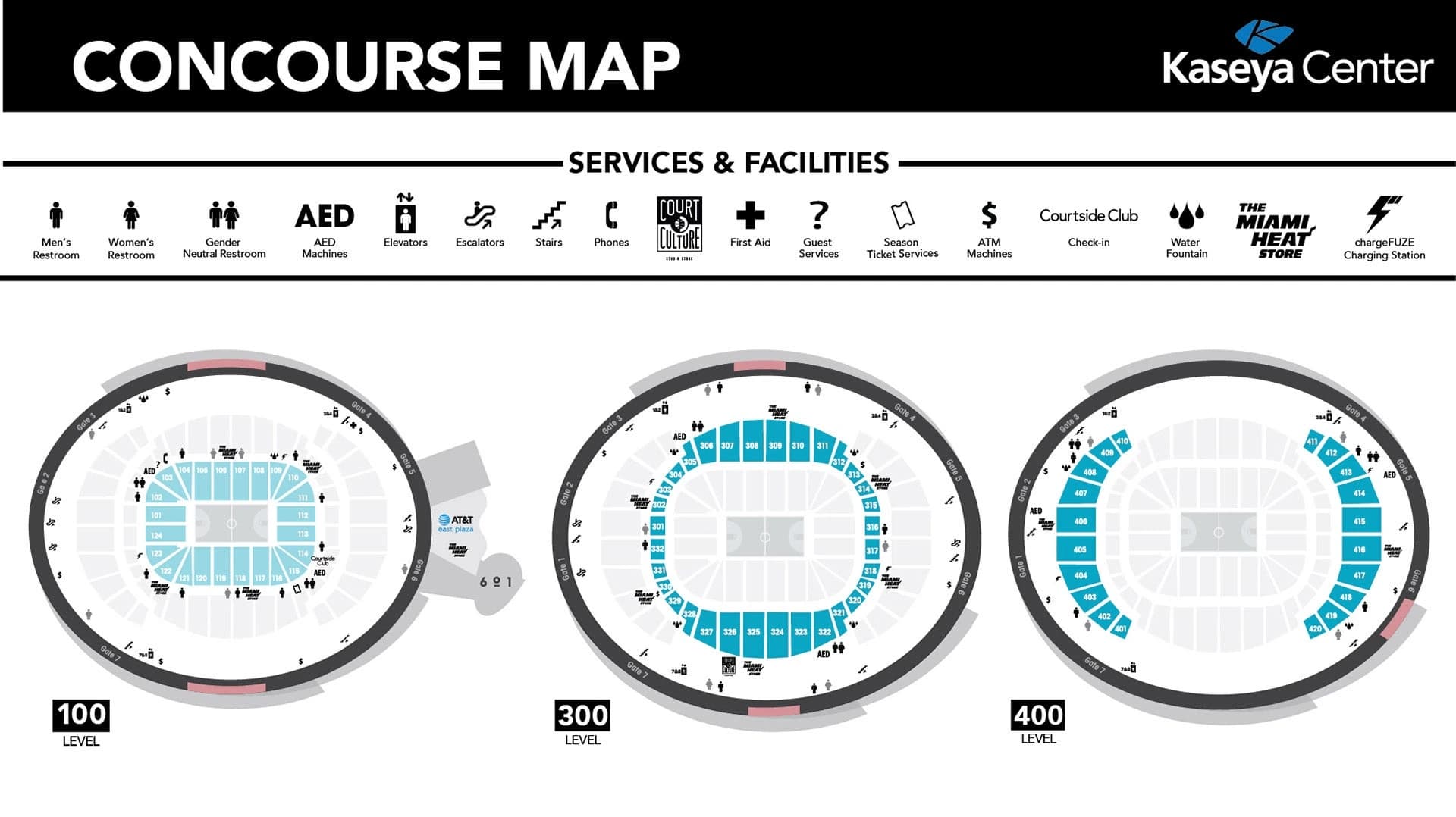 Kaseya Center: Venue layout, Kaseya Center — 100, 300 and 400 level concourse maps. Use the original map for routes and visitor facilities.