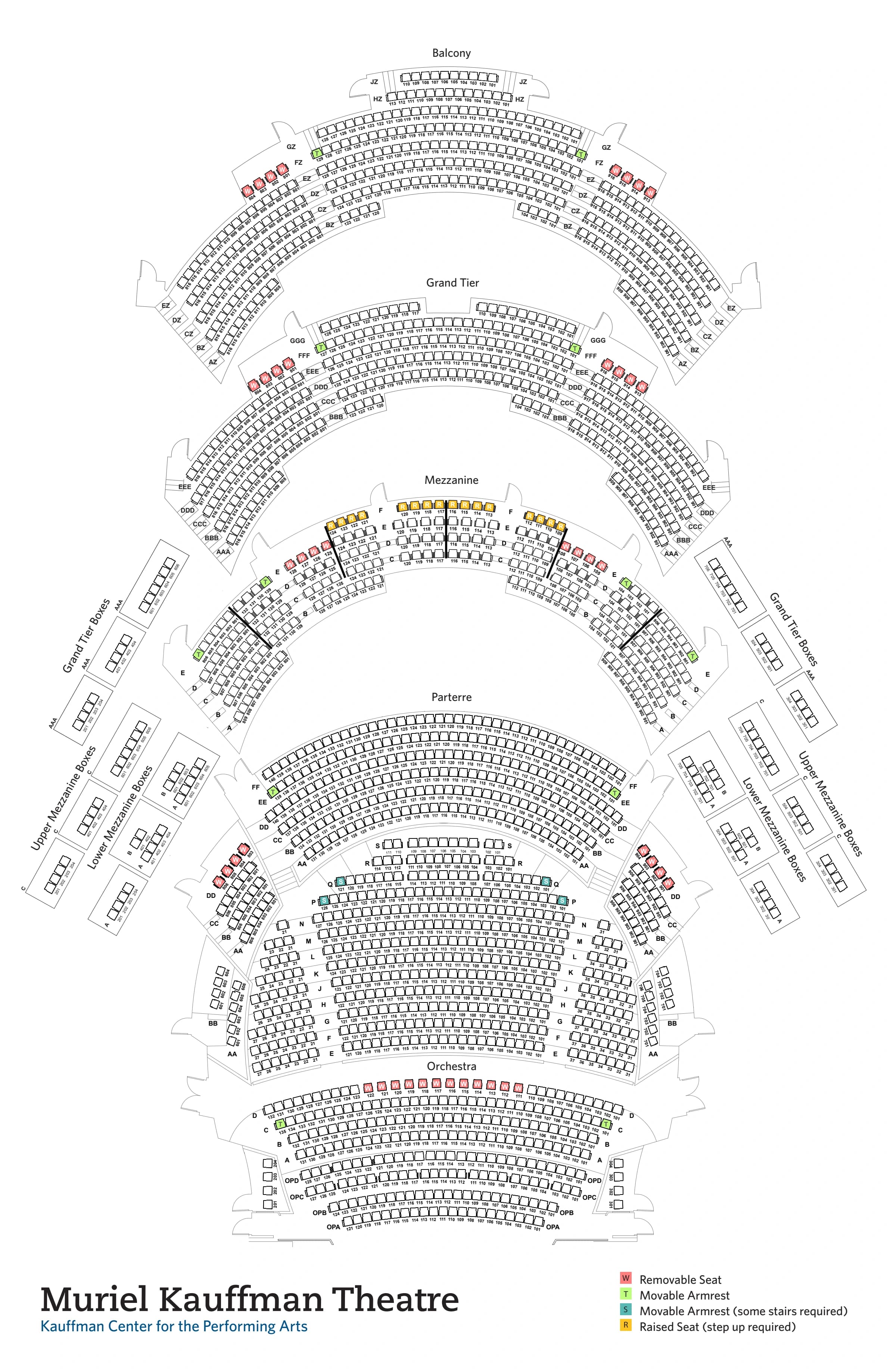 Kauffman Center for the Performing Arts: Seating chart, Muriel Kauffman Theatre. Use the source chart for section and row details.