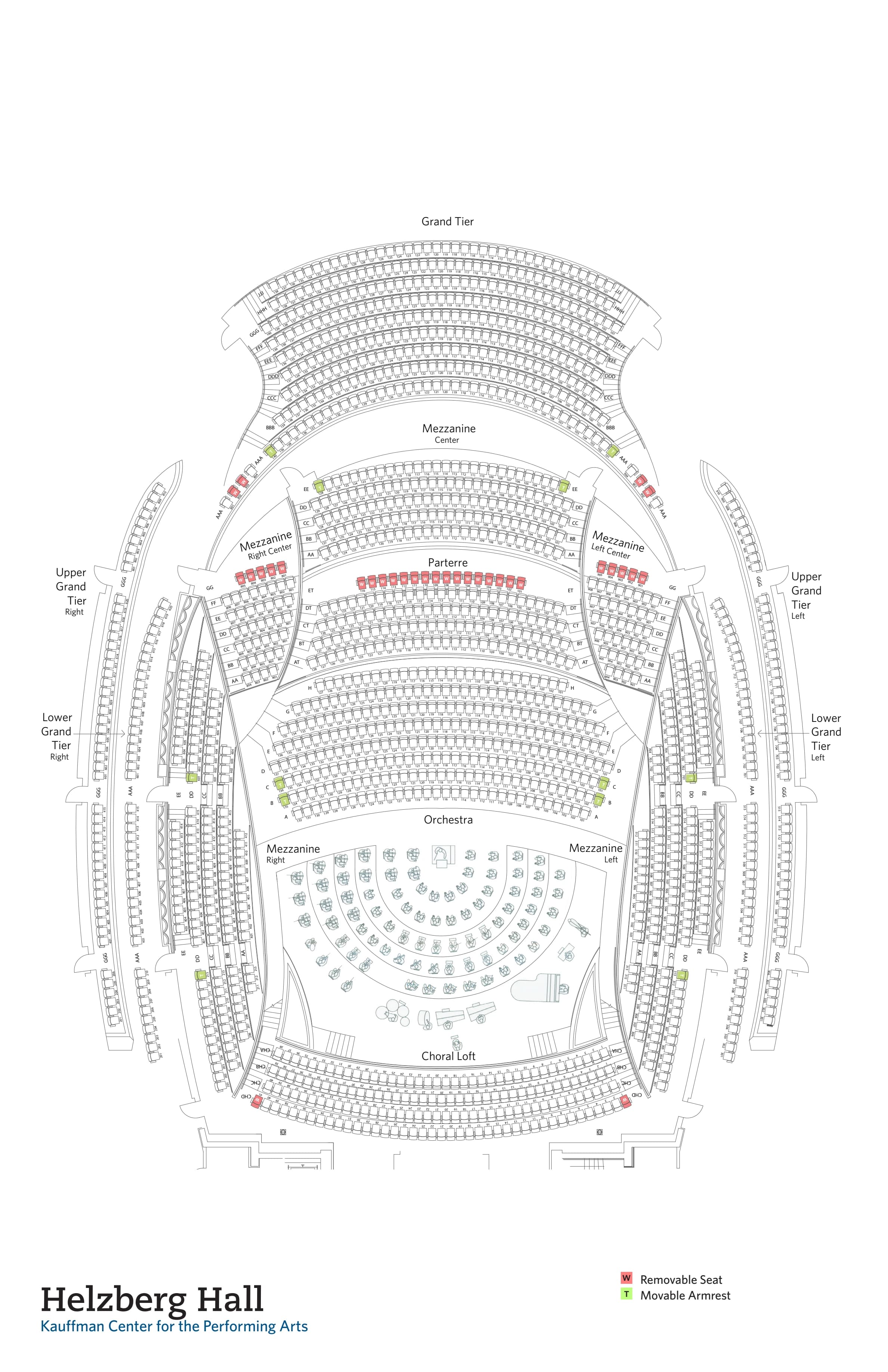 Kauffman Center for the Performing Arts: Seating chart, Helzberg Hall. Use the source chart for section and row details.