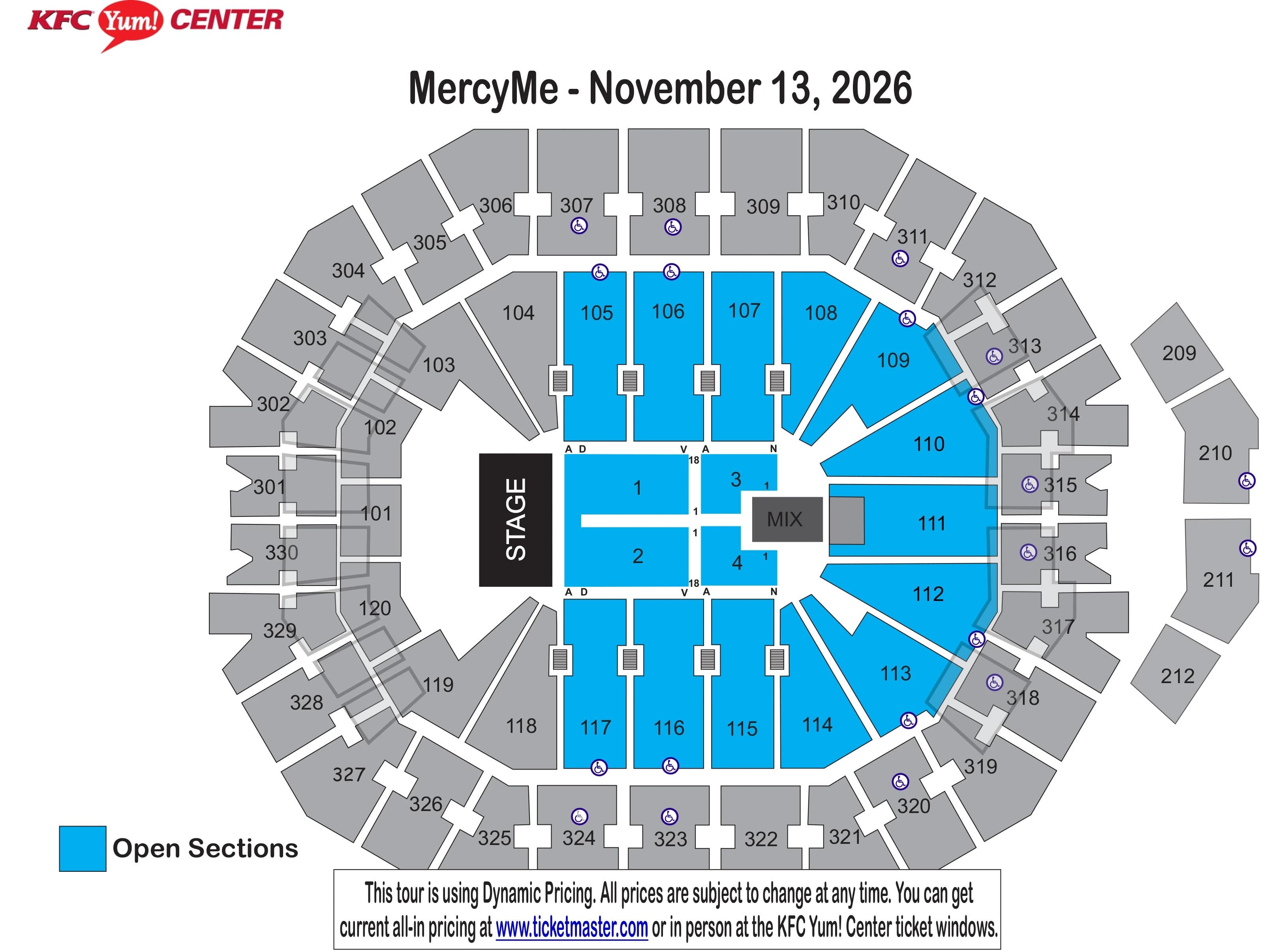 KFC Yum! Center: Seating chart, MercyMe · November 13, 2026. Use the source chart for section and row details.