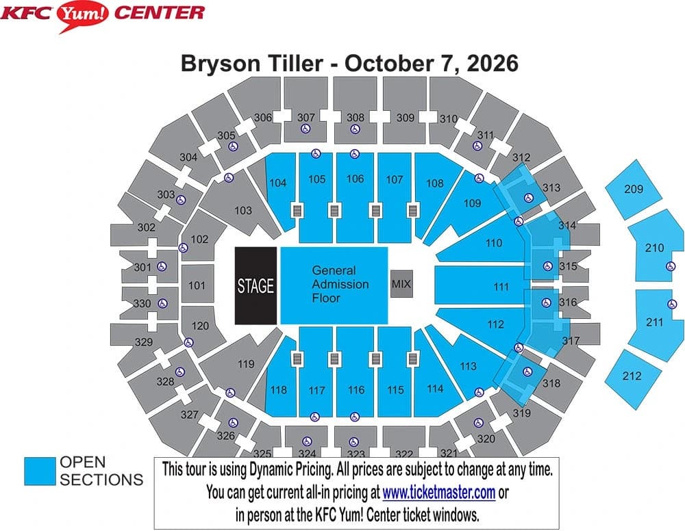 KFC Yum! Center: Seating chart, Concert · Bryson Tiller · October 7, 2026. Use the source chart for section and row details.