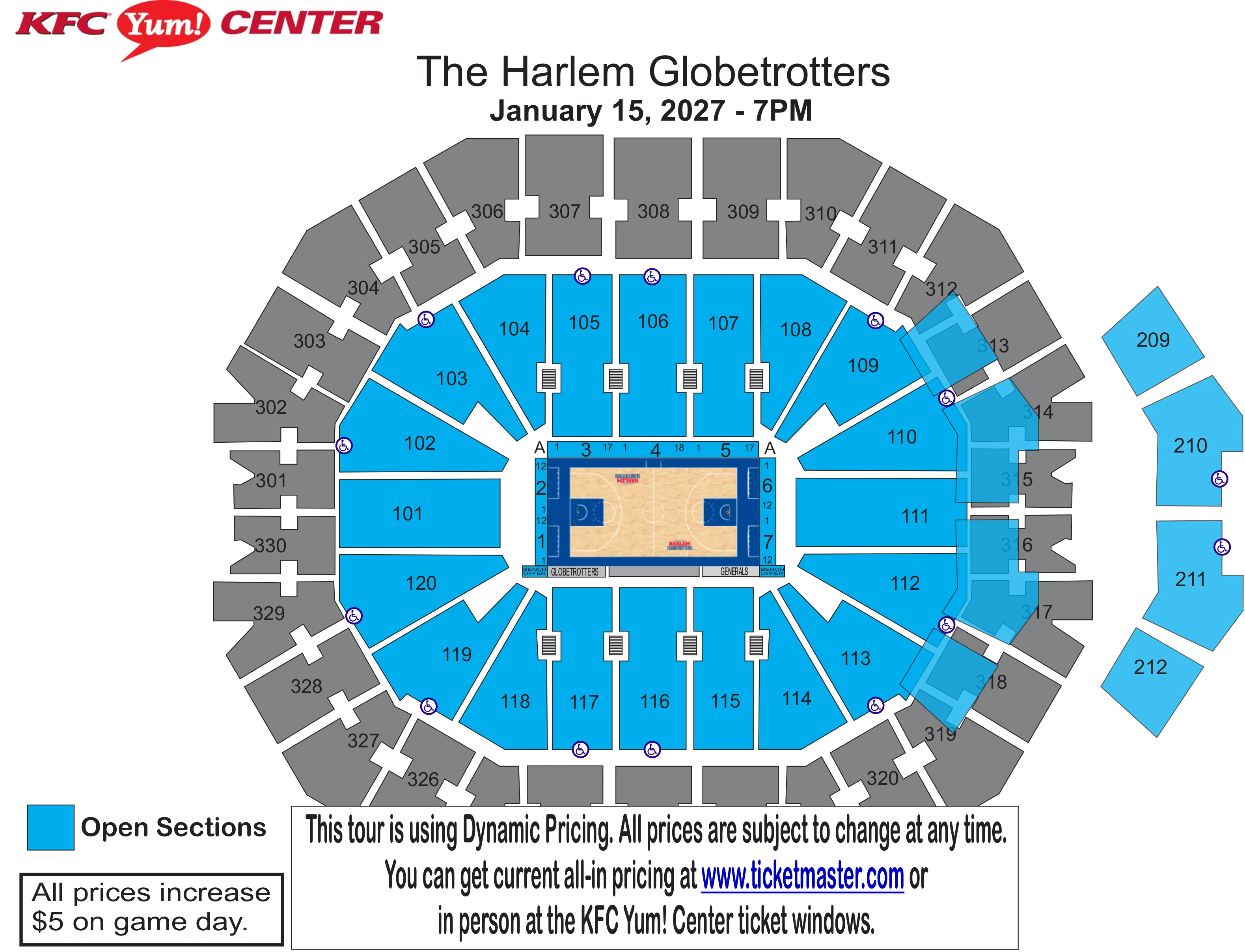 KFC Yum! Center: Seating chart, Harlem Globetrotters · January 15, 2027. Use the source chart for section and row details.