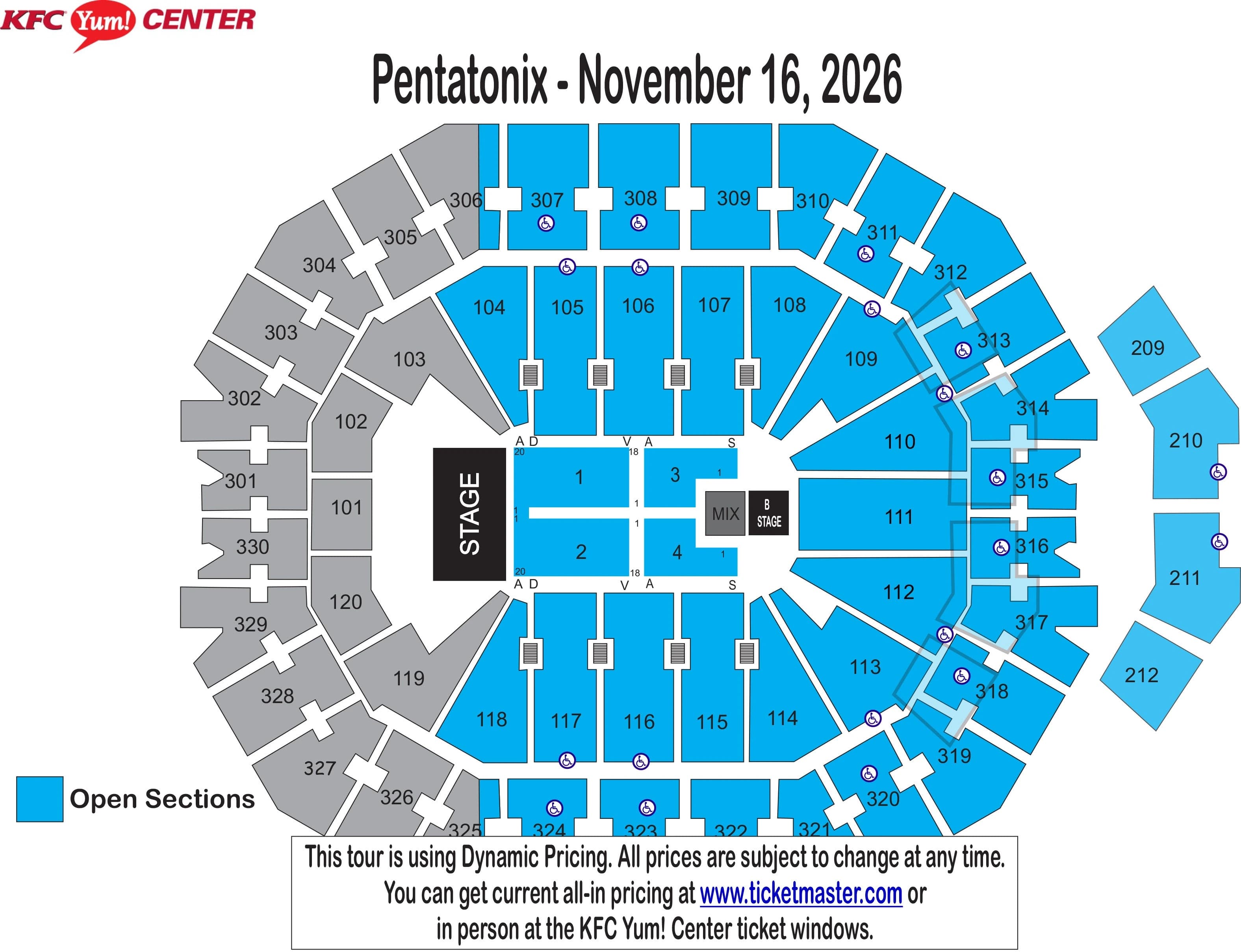 KFC Yum! Center: Seating chart, Pentatonix · November 16, 2026. Use the source chart for section and row details.