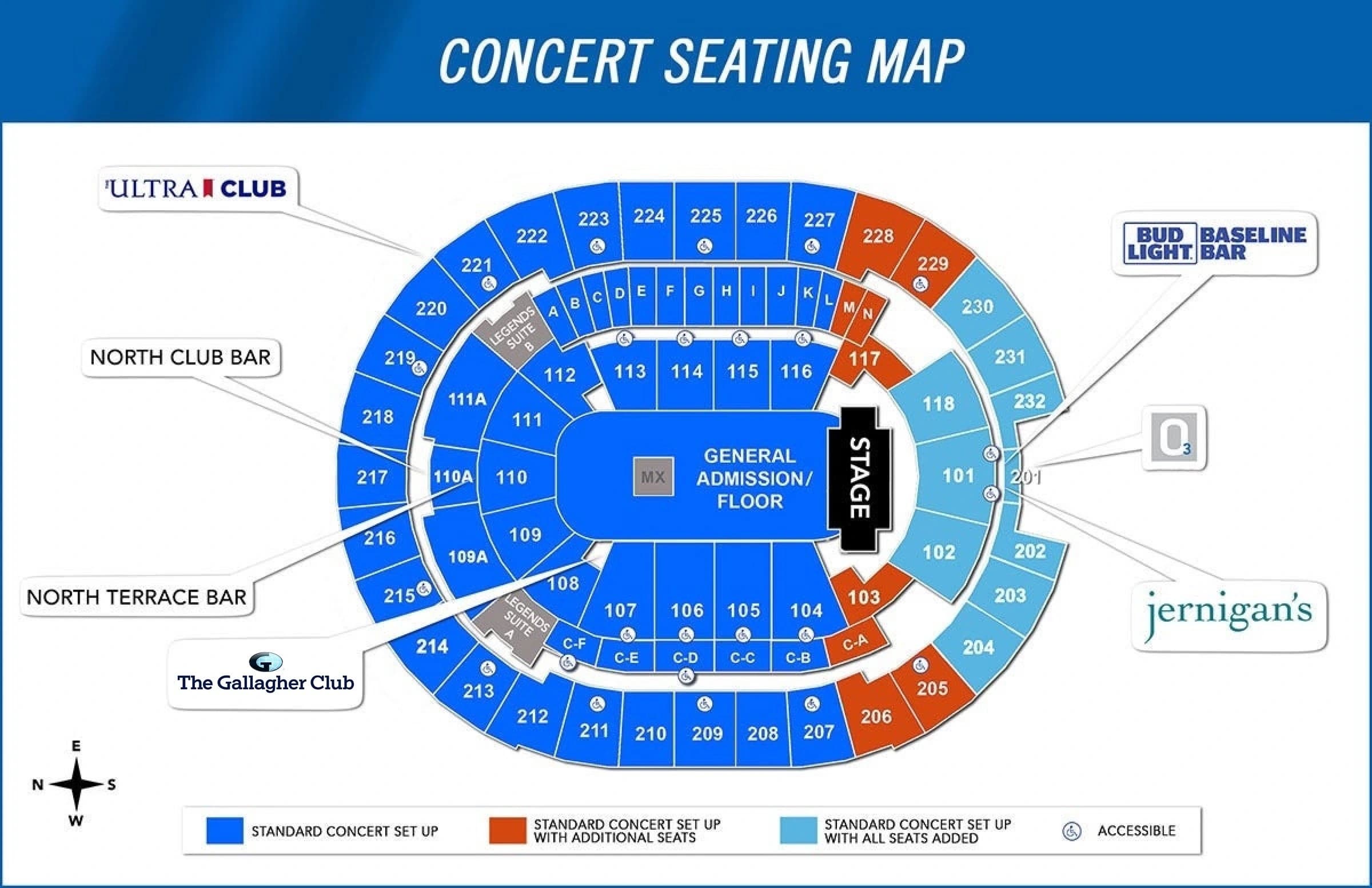 Kia Center: Seating chart, Concerts — end stage. Use the source chart for section and row details.