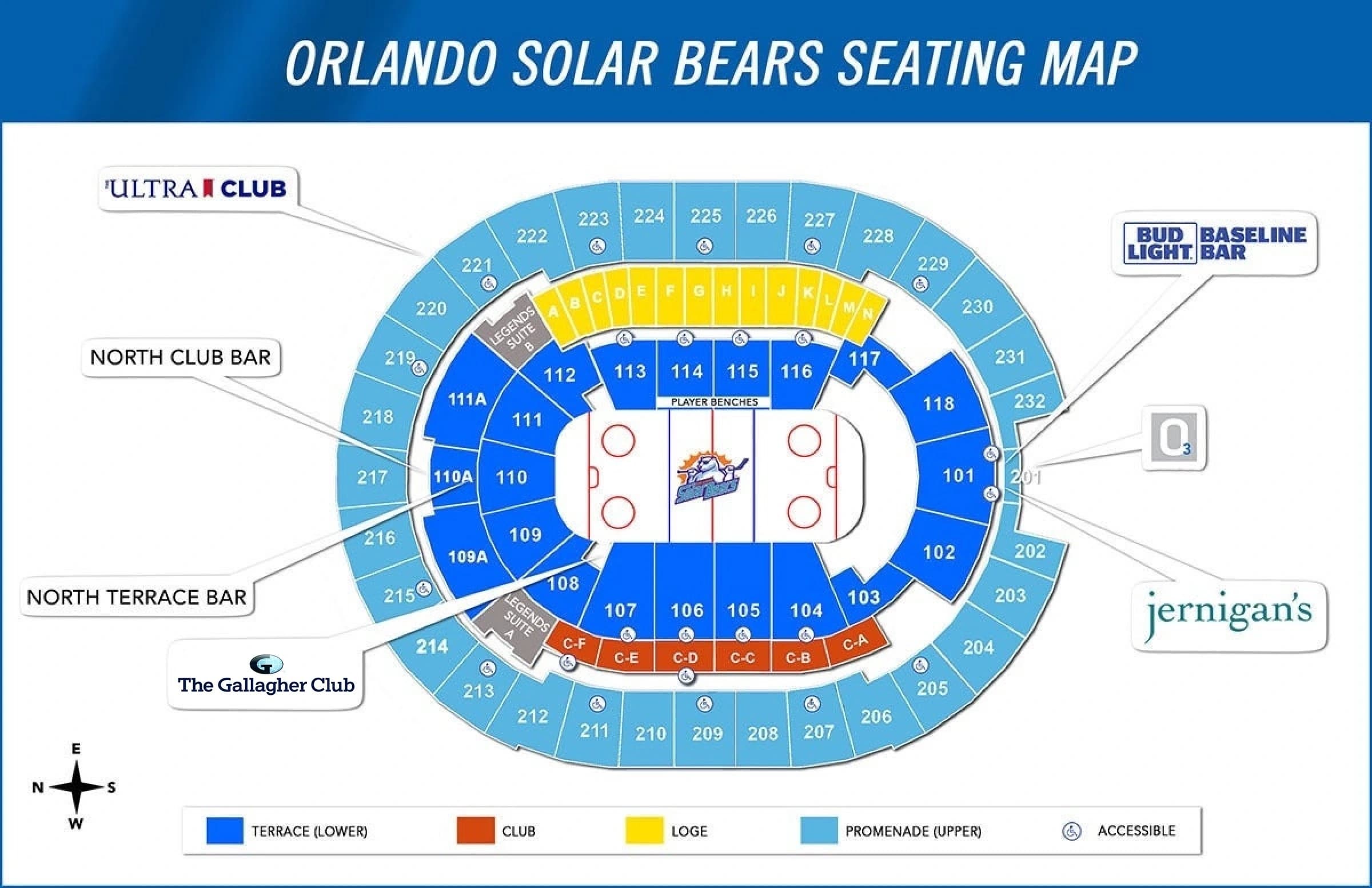 Kia Center: Seating chart, Orlando Solar Bears hockey. Use the source chart for section and row details.