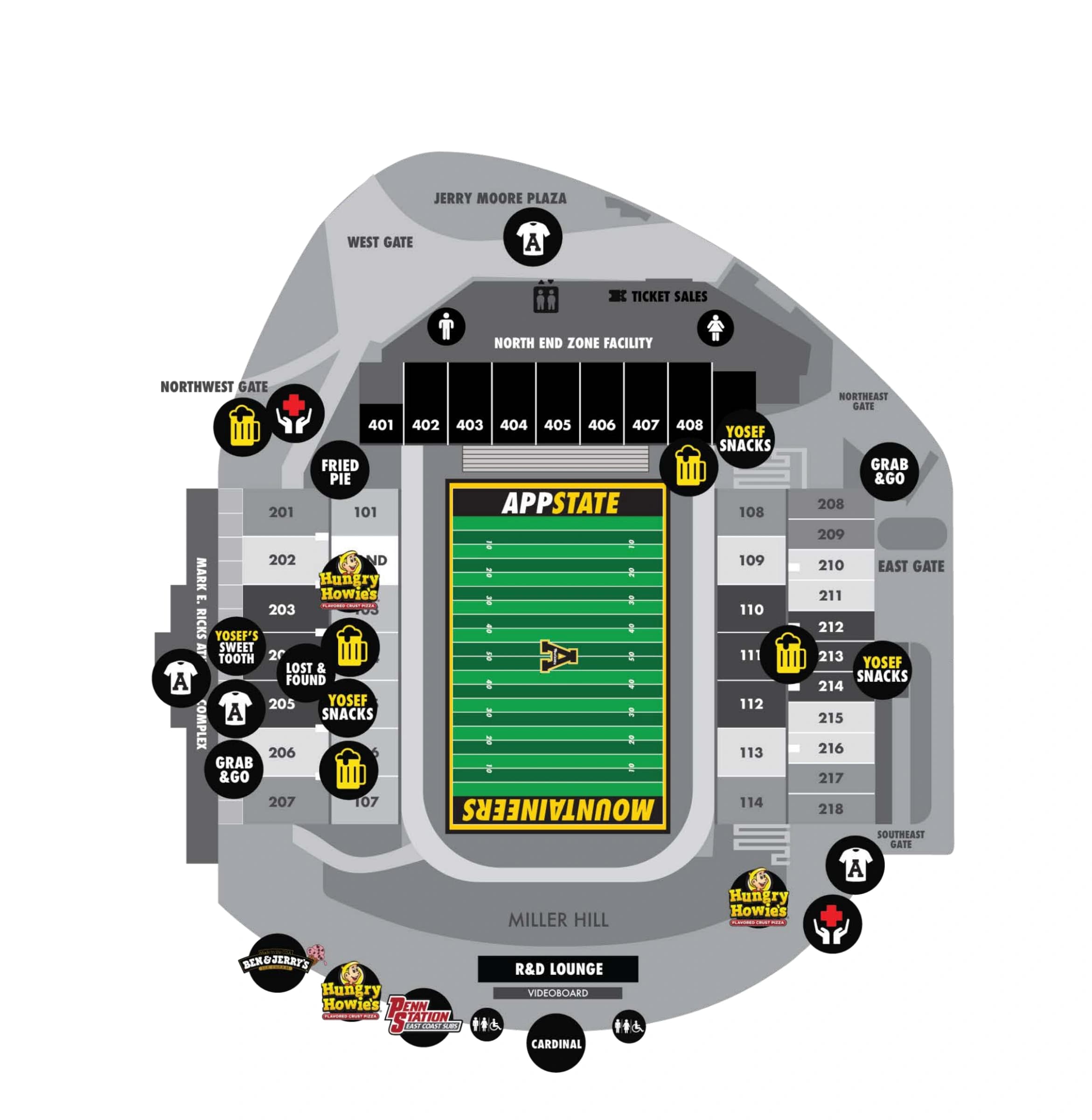 Kidd Brewer Stadium: Seating chart, Football sections and facilities — owner-linked PDF. Use the source chart for section and row details.