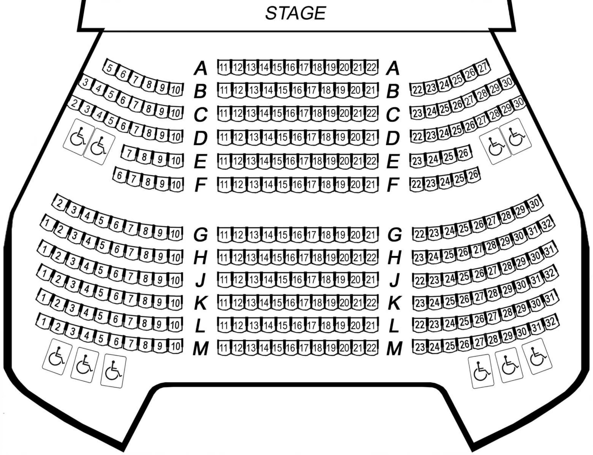 KiMo Theatre: Seating chart, KiMo Theatre — orchestra and main-floor numbered seating. Use the source chart for section and row details.