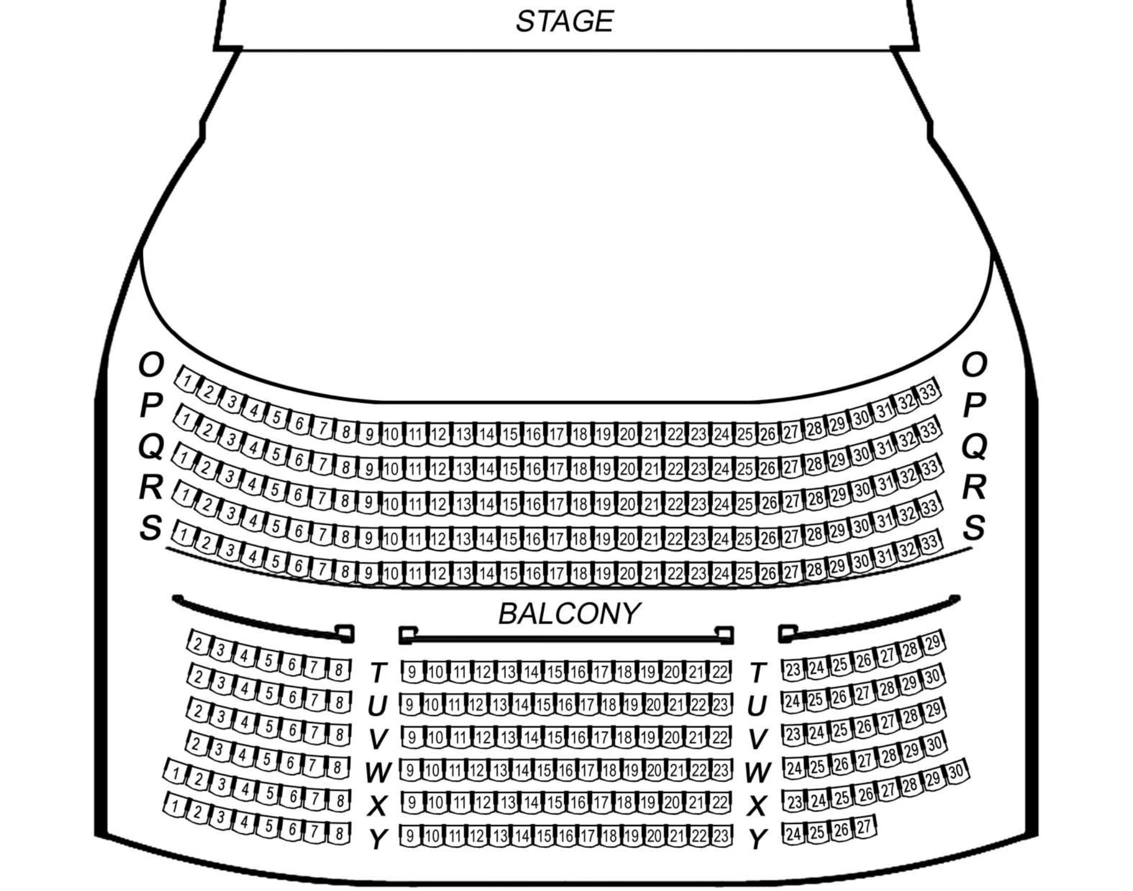 KiMo Theatre: Seating chart, KiMo Theatre — lower and upper balcony numbered seating. Use the source chart for section and row details.