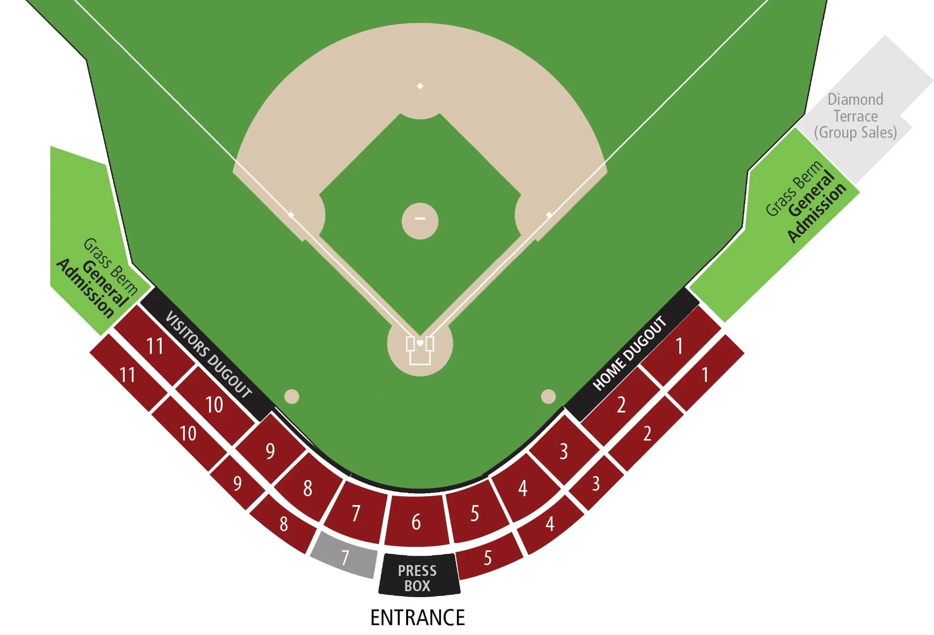 Klein Field at Sunken Diamond: Seating chart, Klein Field at Sunken Diamond — official-linked stadium seating map. Use the source chart for section and row details.