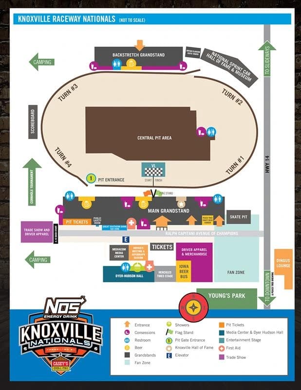 Knoxville Raceway: Venue layout, Knoxville Nationals · full grounds and patron services reference. Use the original map for routes and visitor facilities.