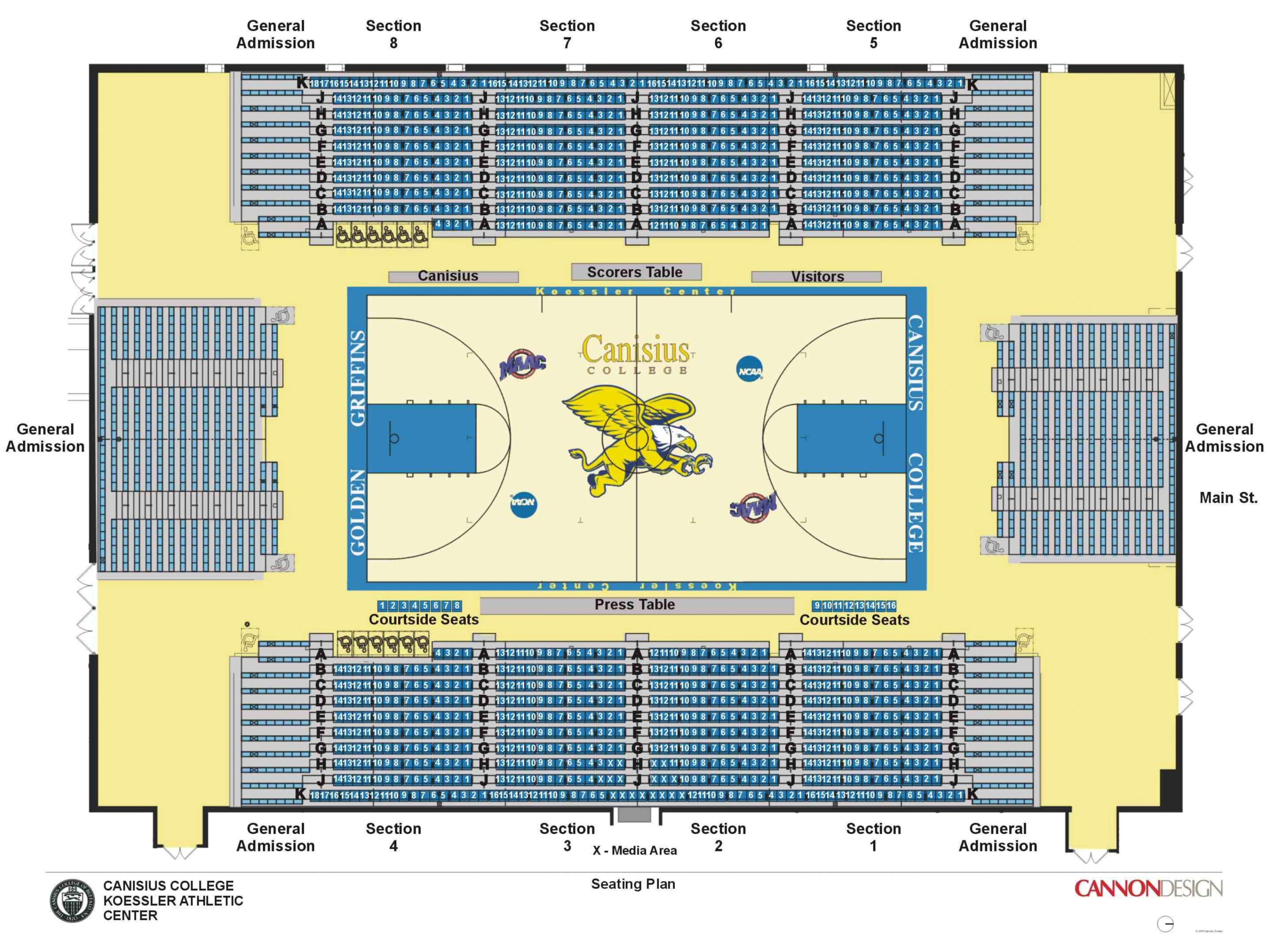 Koessler Athletic Center: Seating chart, Koessler Athletic Center — basketball seating. Use the source chart for section and row details.