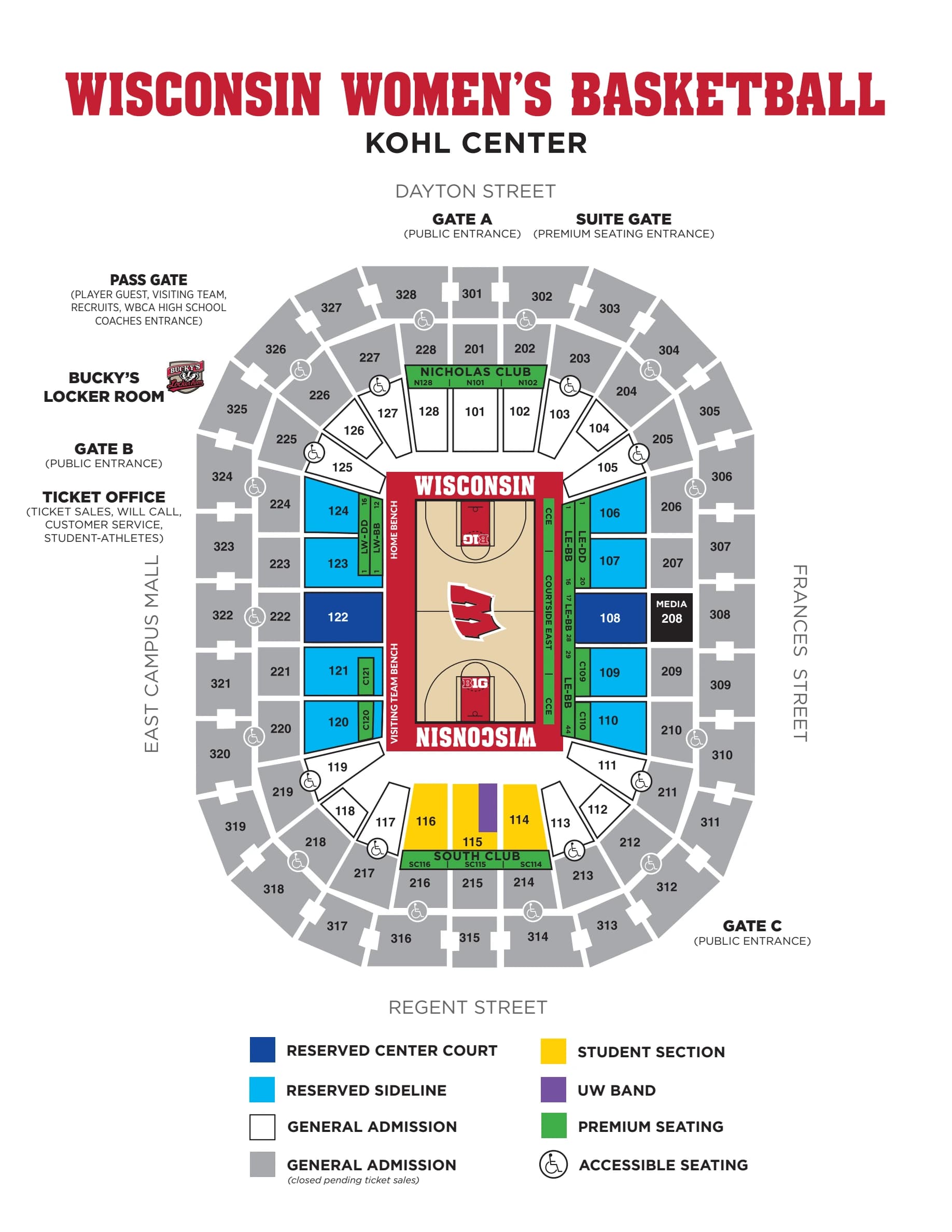 Kohl Center: Seating chart, Kohl Center — women’s basketball, official 2025 chart. Use the source chart for section and row details.