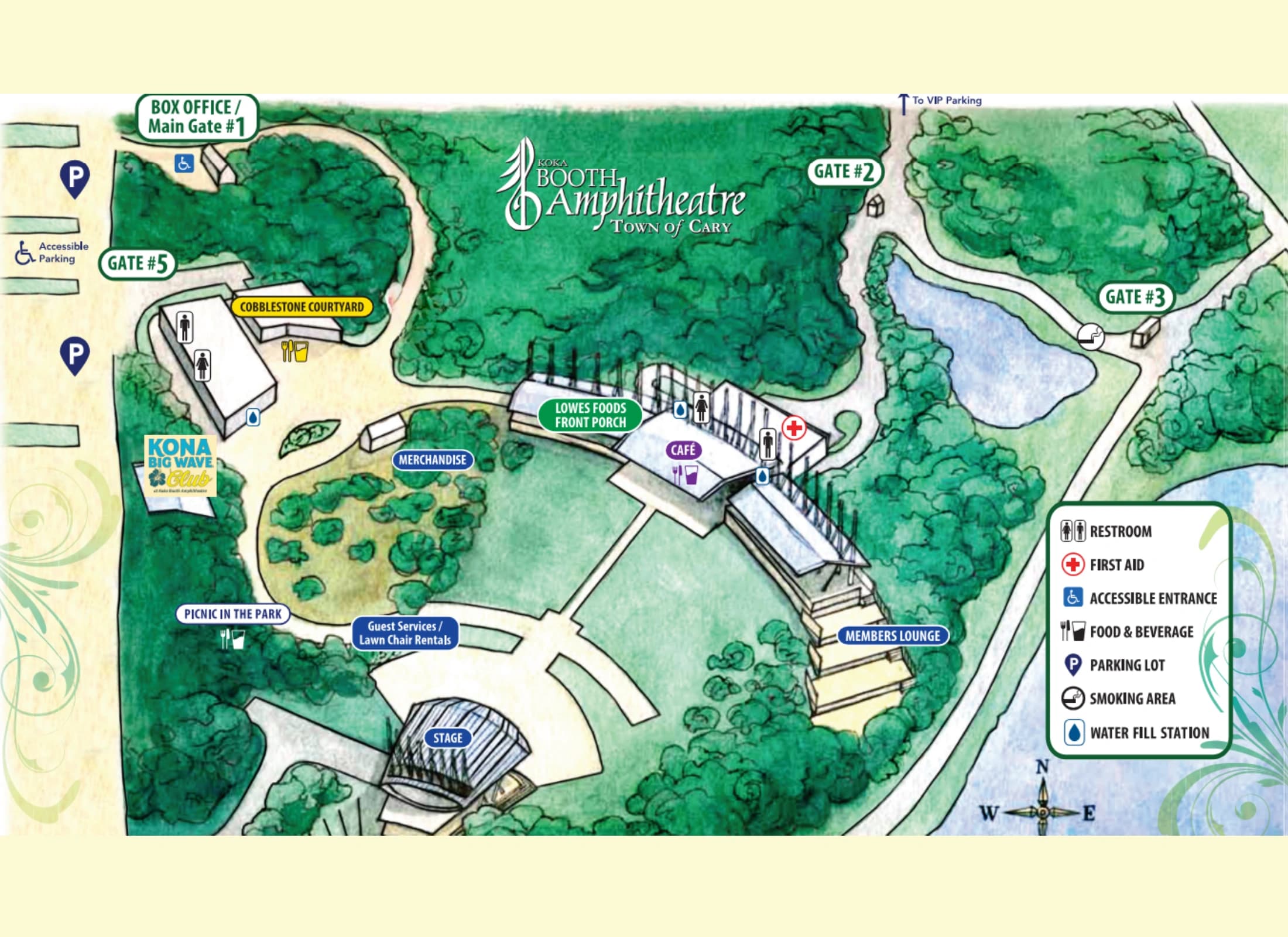 Koka Booth Amphitheatre: Venue layout, Complete owner-linked 2024 site-reference page · gates, lawn and services. Use the original map for routes and visitor facilities.