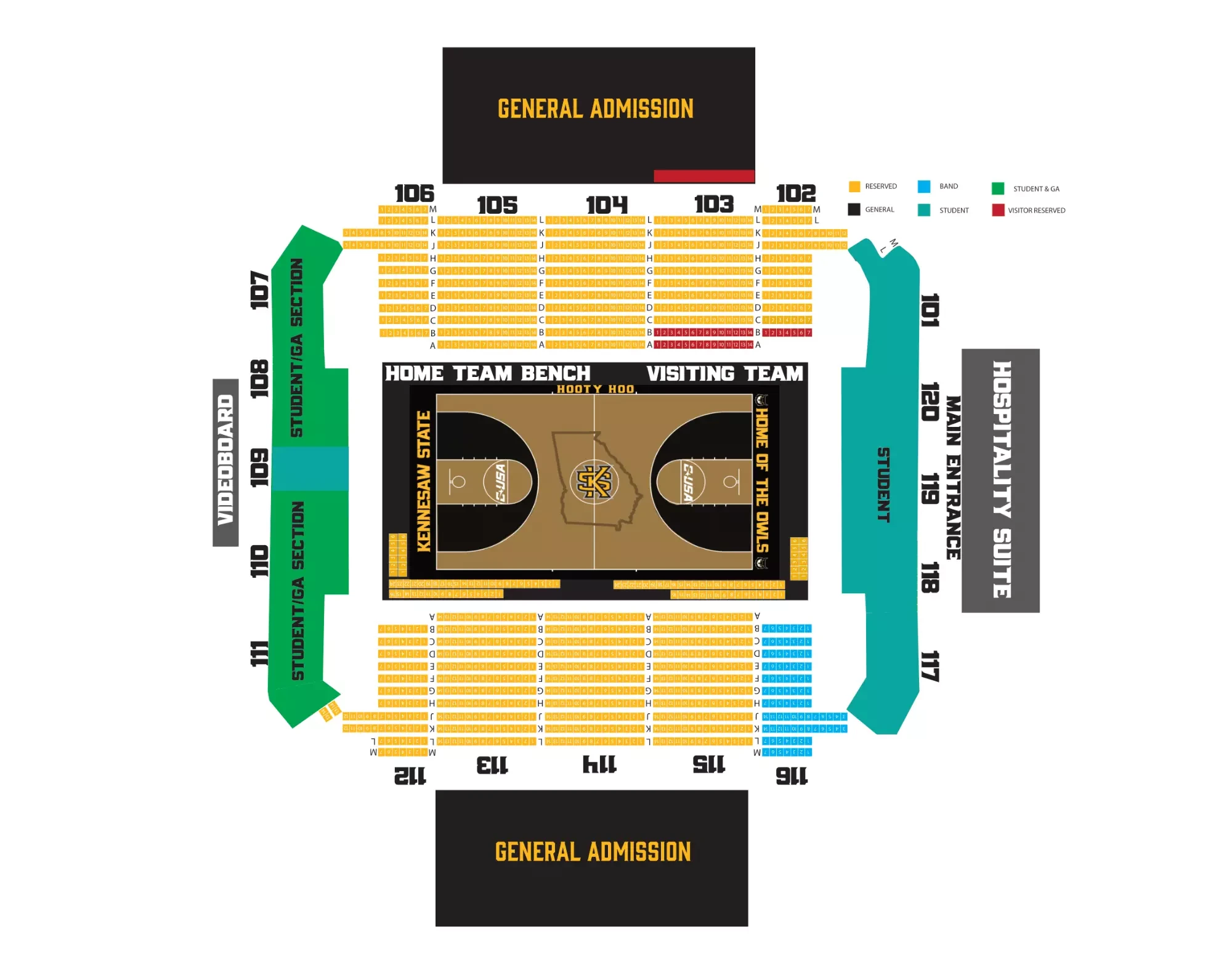 KSU Convocation Center: Seating chart, VyStar Arena — Kennesaw State basketball. Use the source chart for section and row details.