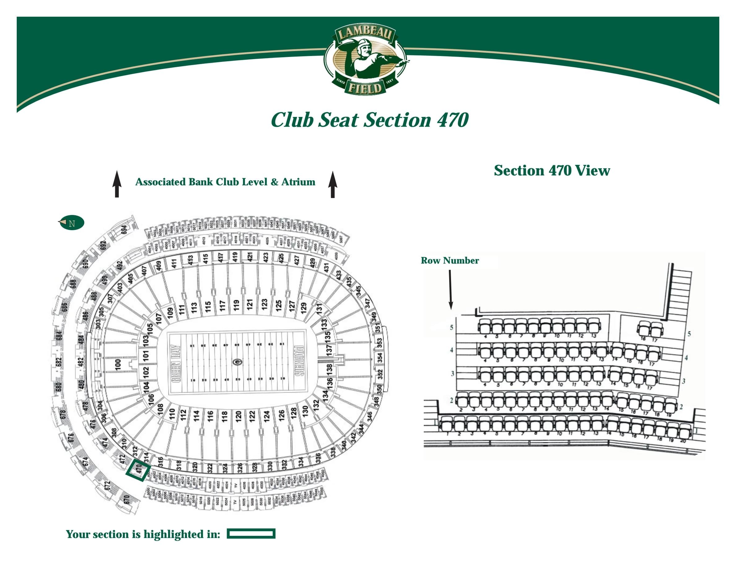 Lambeau Field: Seating chart, Football · indoor club sections. Use the source chart for section and row details.