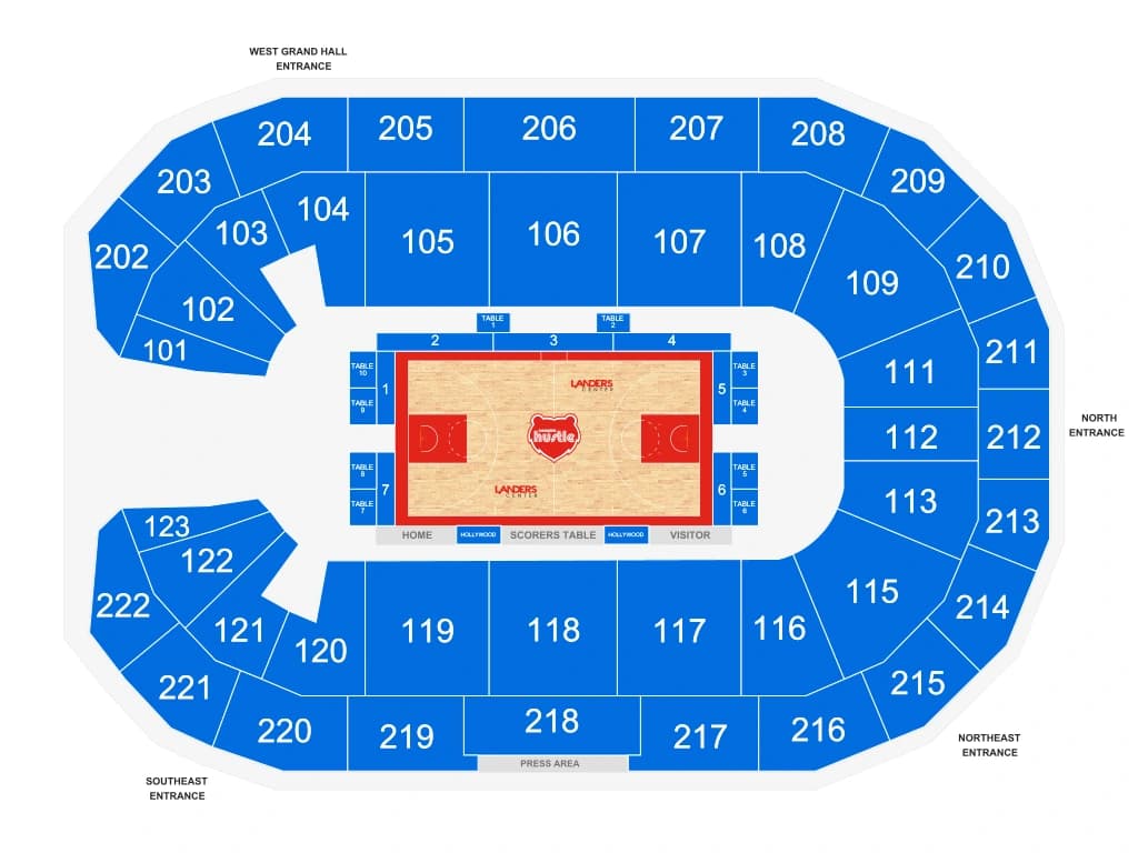 Landers Center: Seating chart, Landers Center — Hustle vs. Osceola, November 10, 2026. Use the source chart for section and row details.